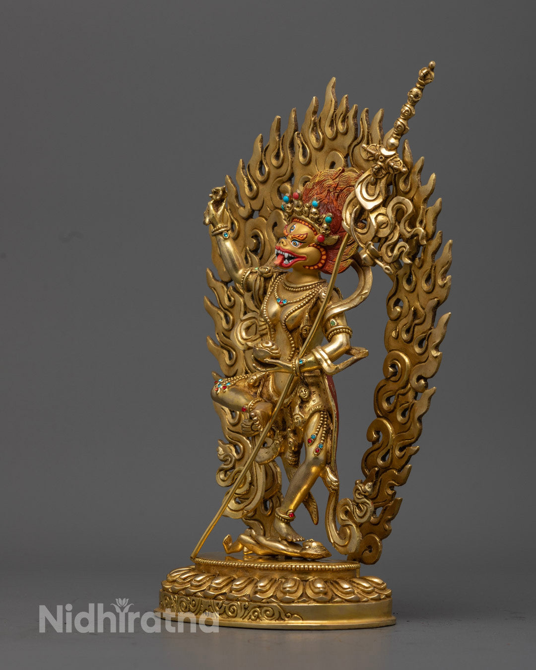 The fearless protector, captured in dynamic detail, emanates purifying energy and unstoppable spiritual strength.
