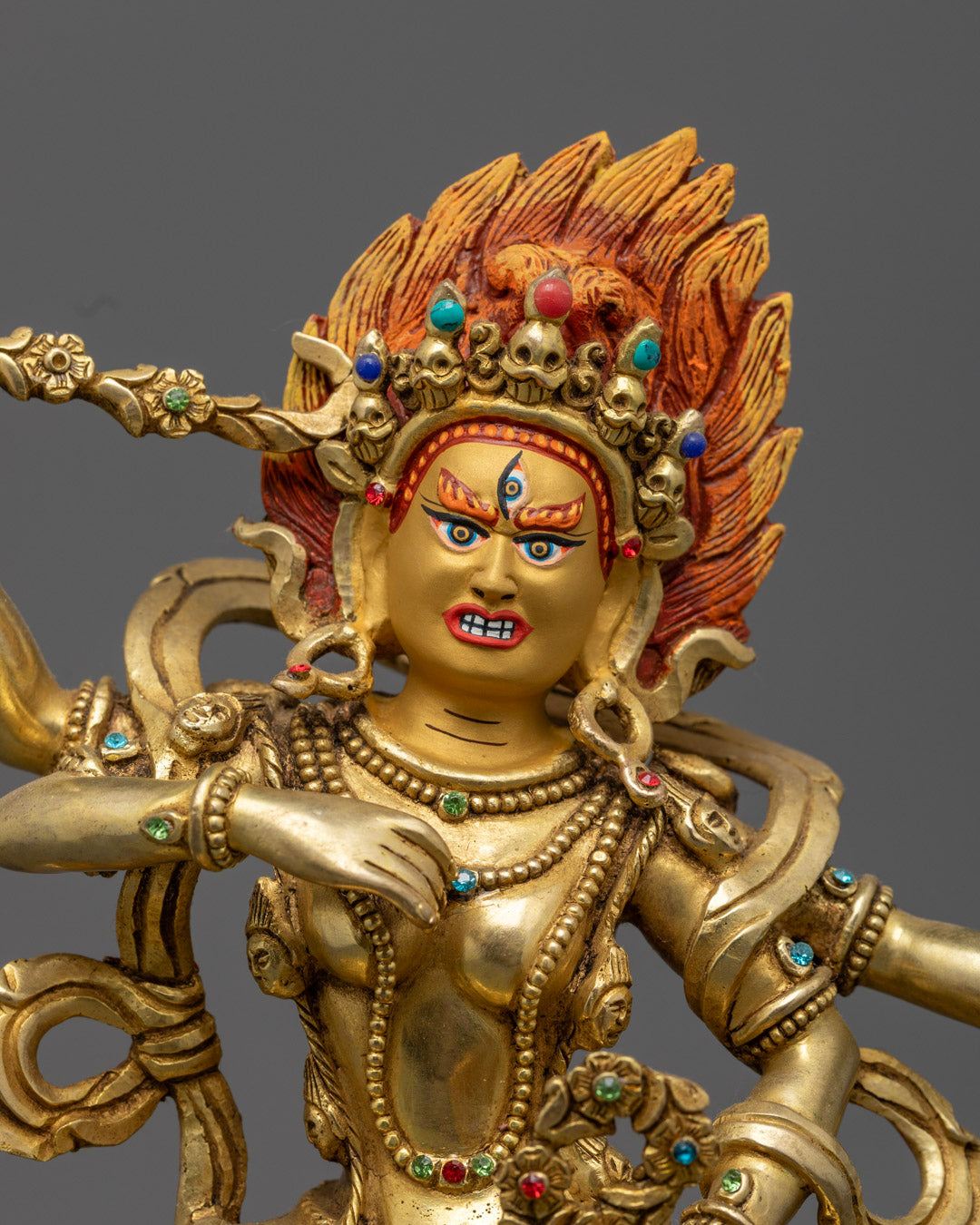 The gold-plated Kurukulle statue, showcasing intricate Himalayan craftsmanship and authentic Buddhist iconography.