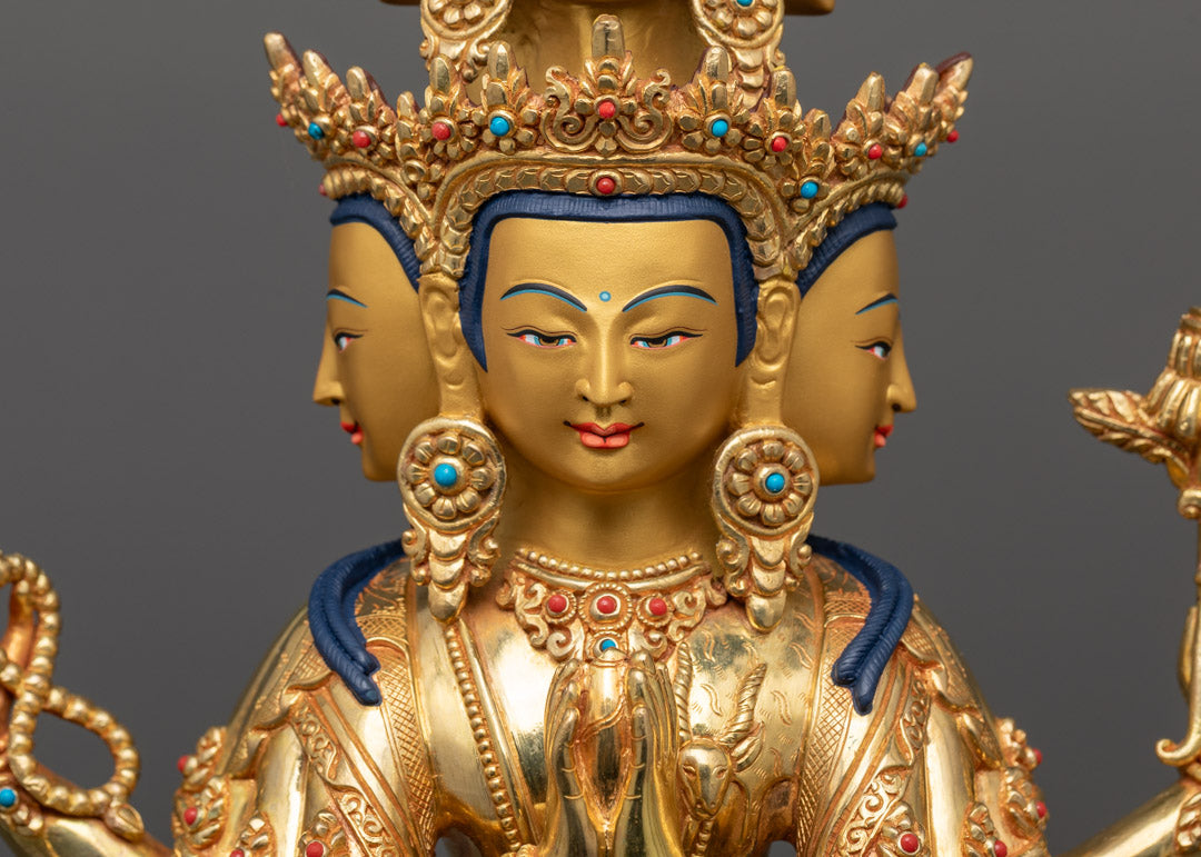 Bodhisattva of Compassion statue adorned with semi-precious stones, showcasing traditional Nepalese artistry and spiritual symbolism.