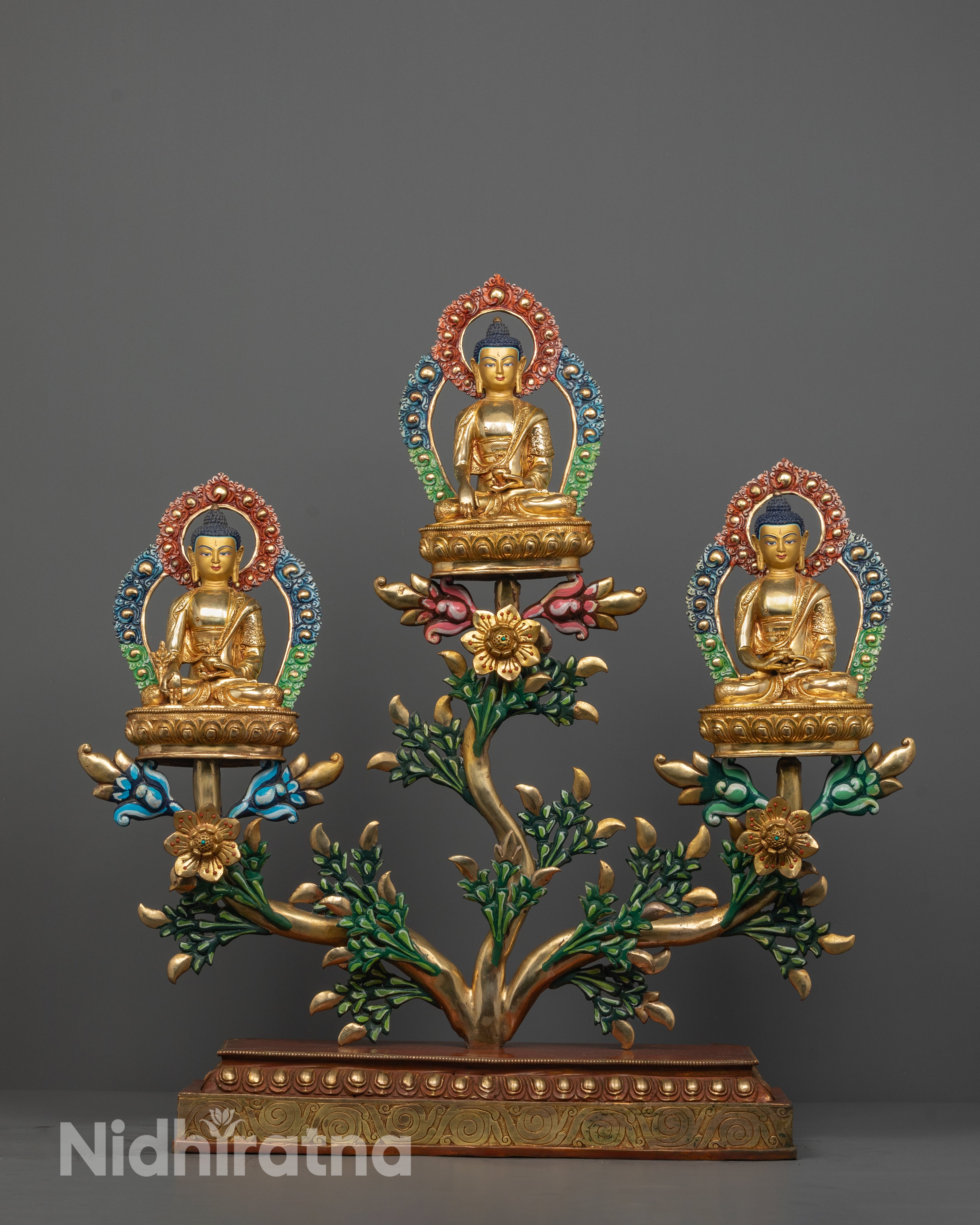 Sacred Buddha Trinity Statue | Handcrafted Bodhi Tree Design