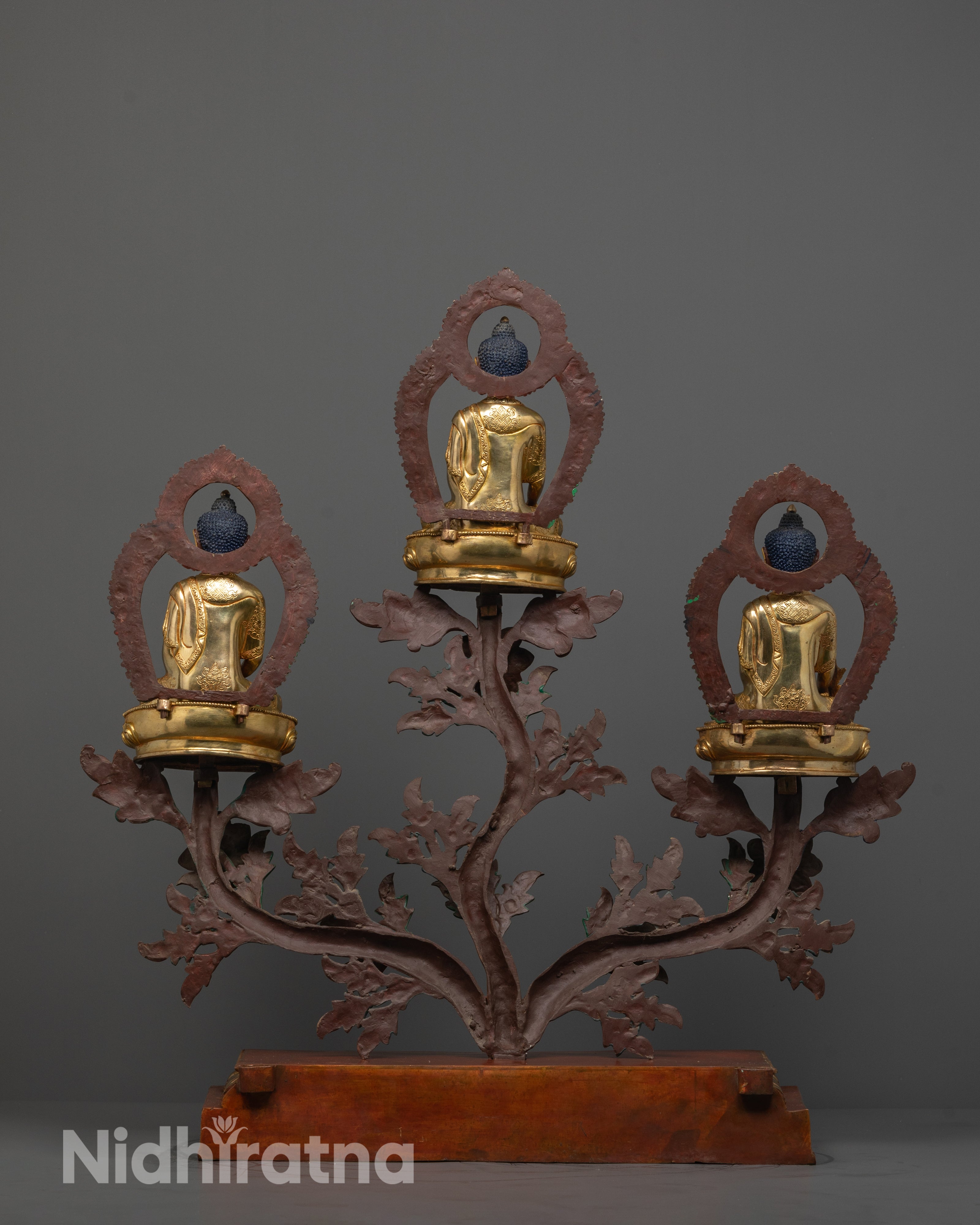 Sacred Buddha Trinity Statue | Handcrafted Bodhi Tree Design