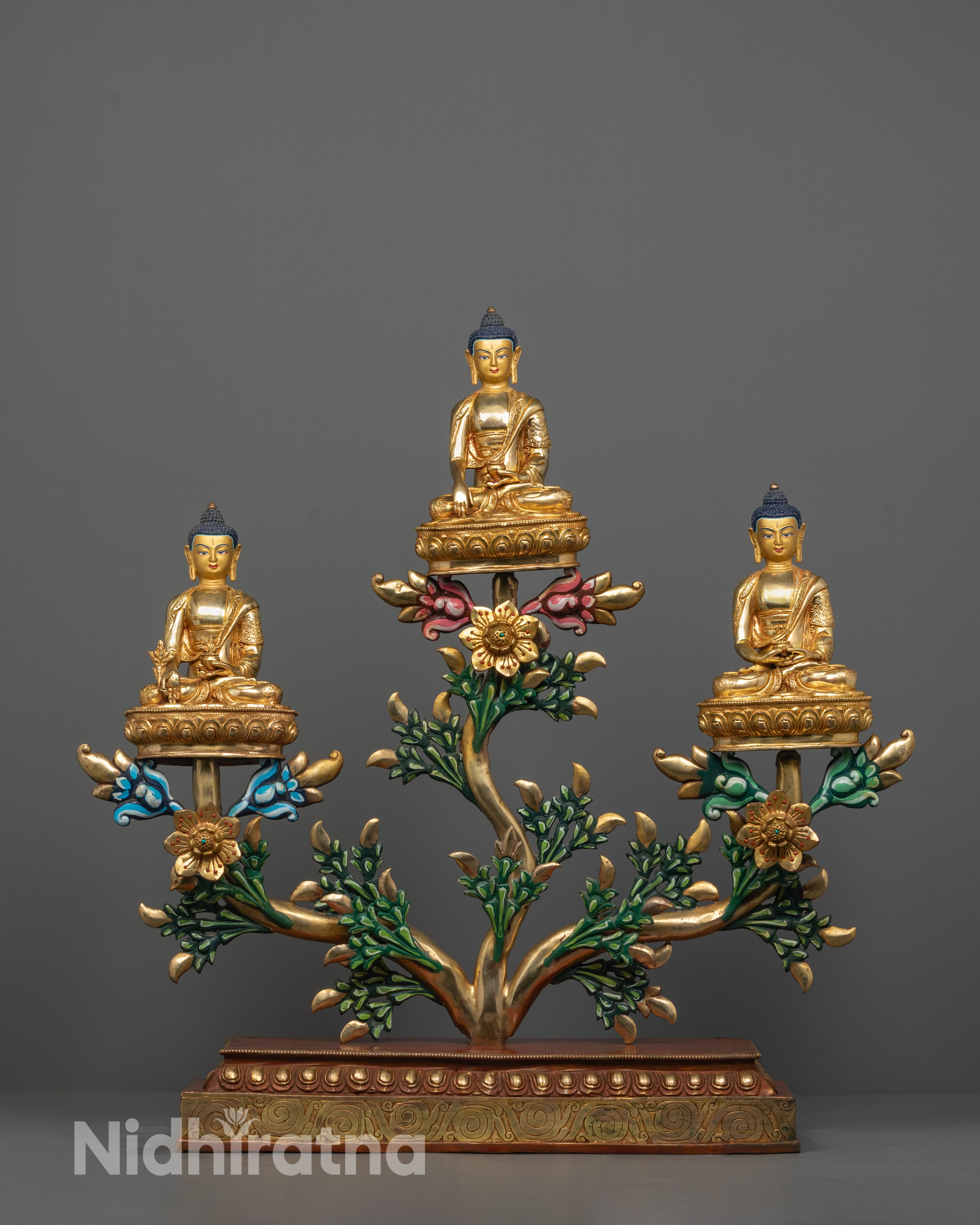 Sacred Buddha Trinity Statue | Handcrafted Bodhi Tree Design