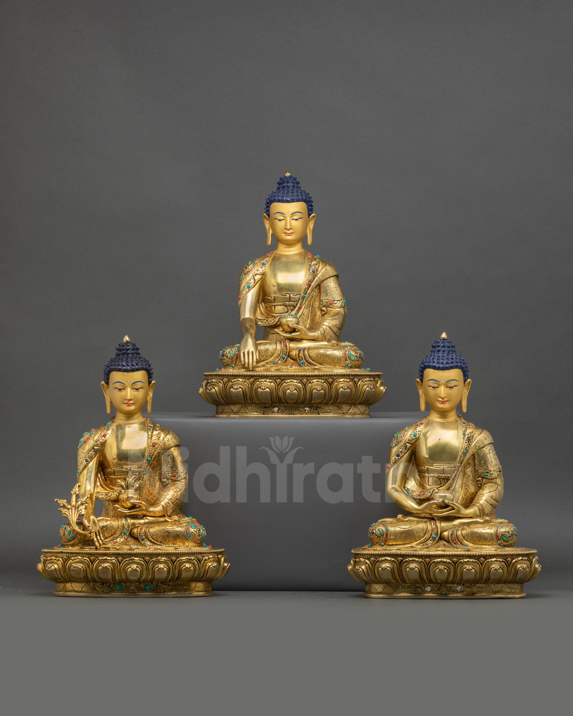 Three Buddha Statue Set Nepal featuring Medicine Buddha Shakyamuni Buddha and Amitabha Buddha