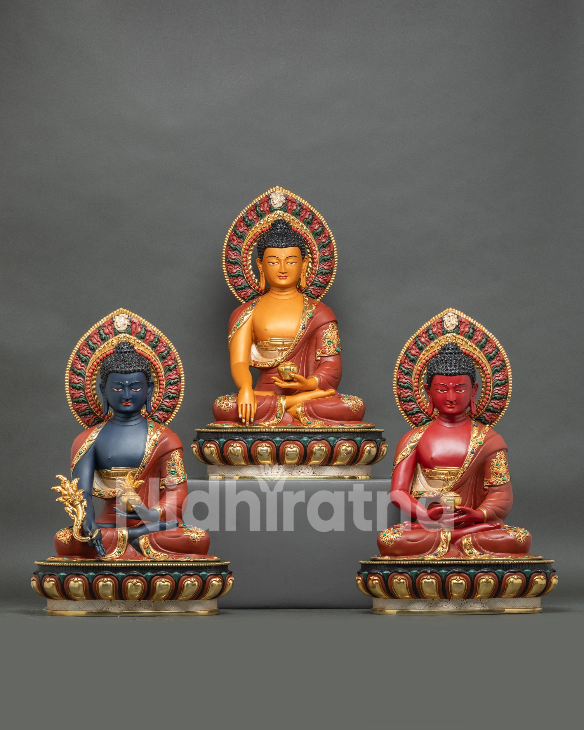 Three Buddha Statue Set for home altar, handcrafted copper with gold fire-gilded finish
