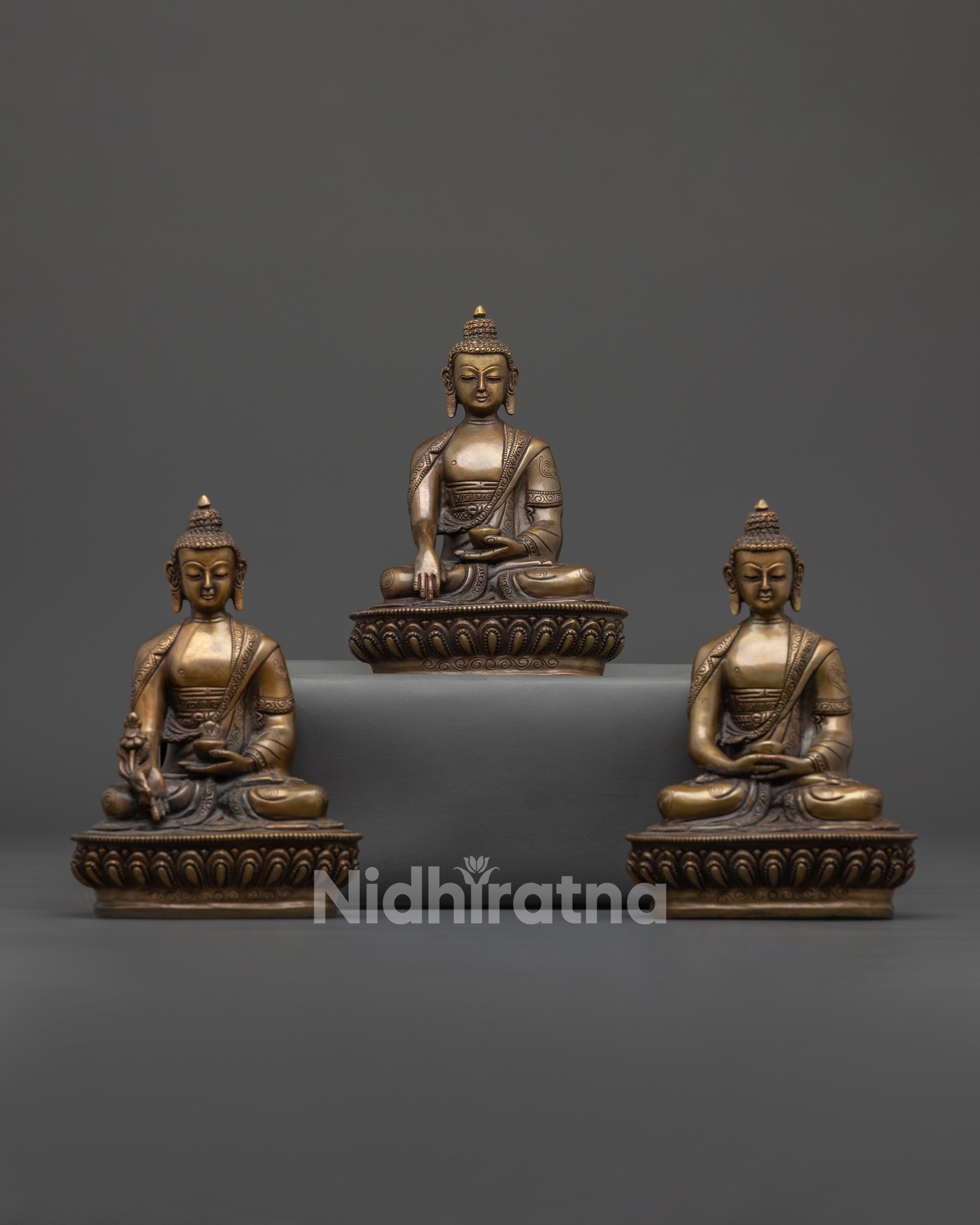 Copper Three Buddha Set Statue | Antique Artwork from Nepal