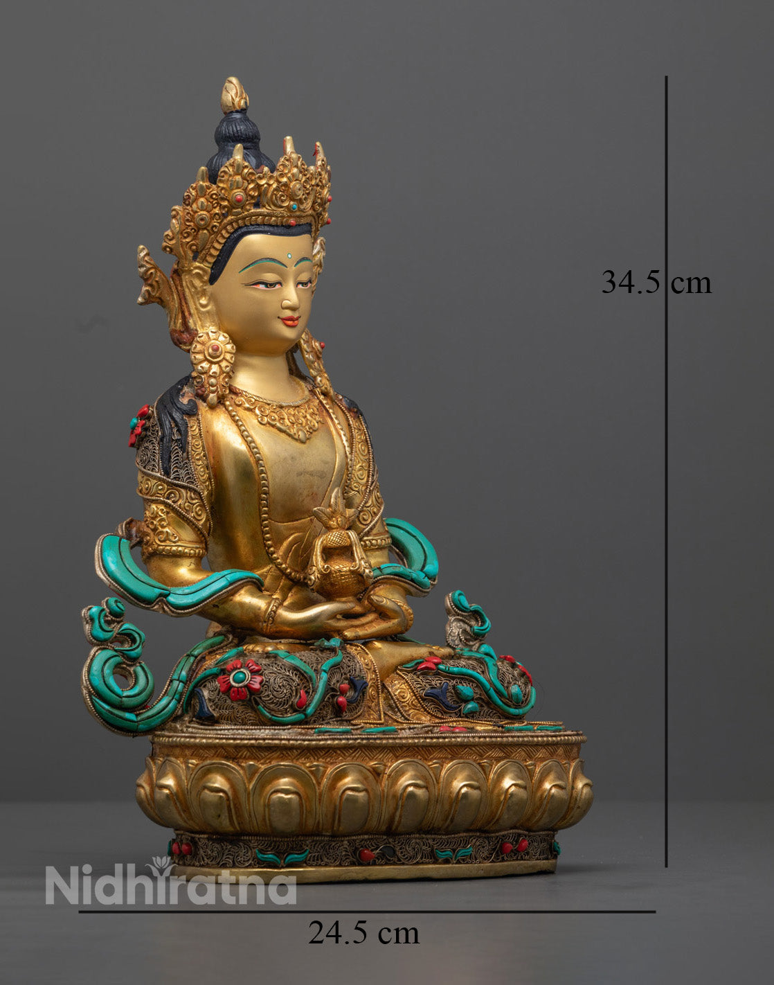 Tibetan Amitayus Buddha Statue showing intricate details and the serene posture of Amitayus, symbolizing purity and wisdom, with a hollow interior for mantras