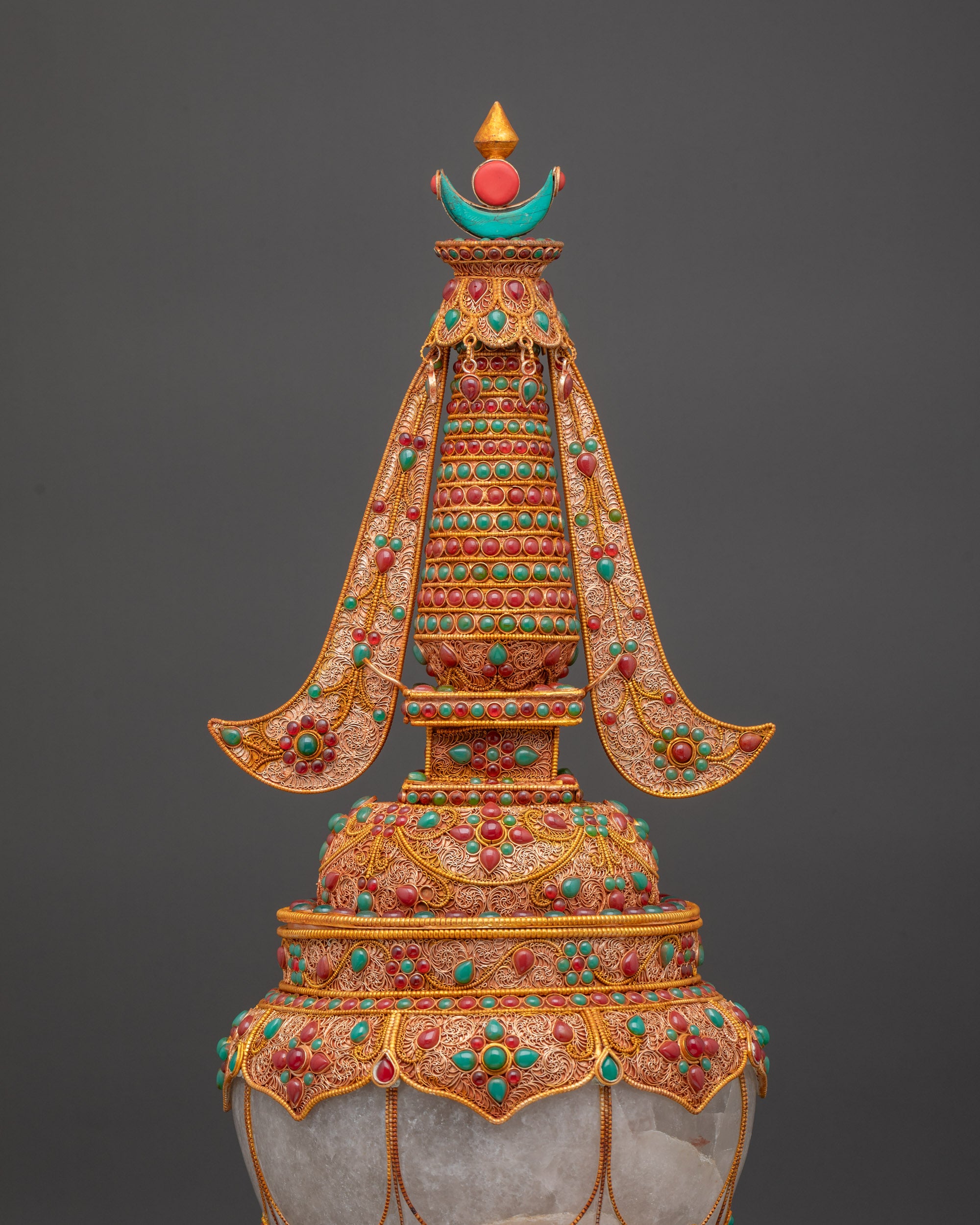 Tibetan Copper Stupa Adorned with Emerald Ruby and Turquoise Stones