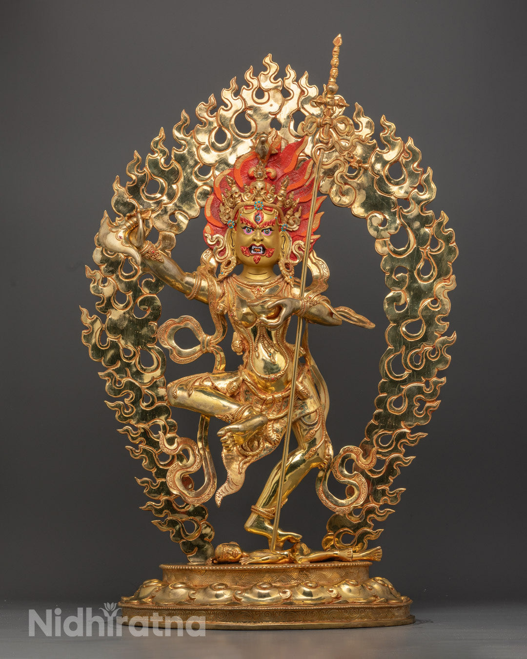 Hand-carved Dorje Phagmo statue in gold-gilded copper showcasing intricate Nepalese craftsmanship and spiritual authenticity.