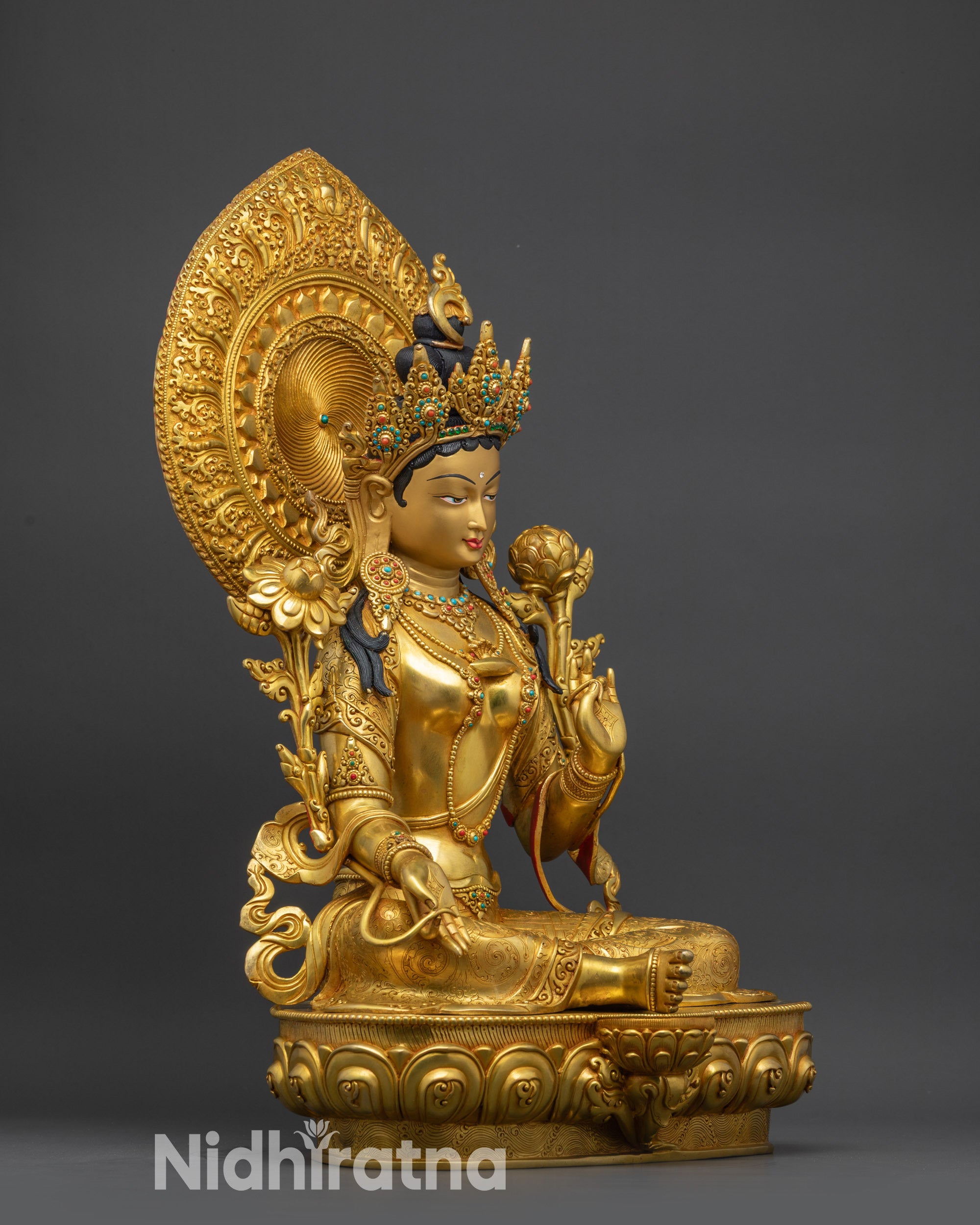 Tibetan Green Tara Sculpture Seated in Royal Ease with Utpala Flower