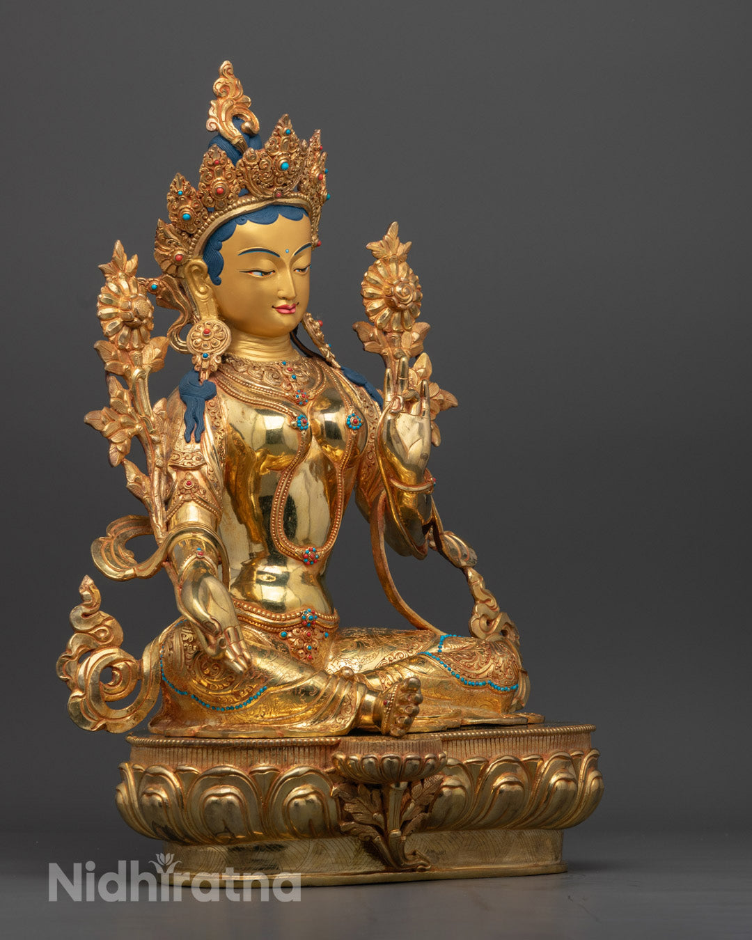 Tibetan Green Tara Statue | Hand-Carved with Vibrant Acrylic Colors Gold Finish