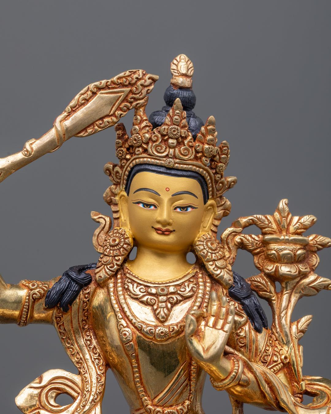 Tibetan Manjushri Bodhisattva Statue – Gold Face and Acrylic Painted Ornaments