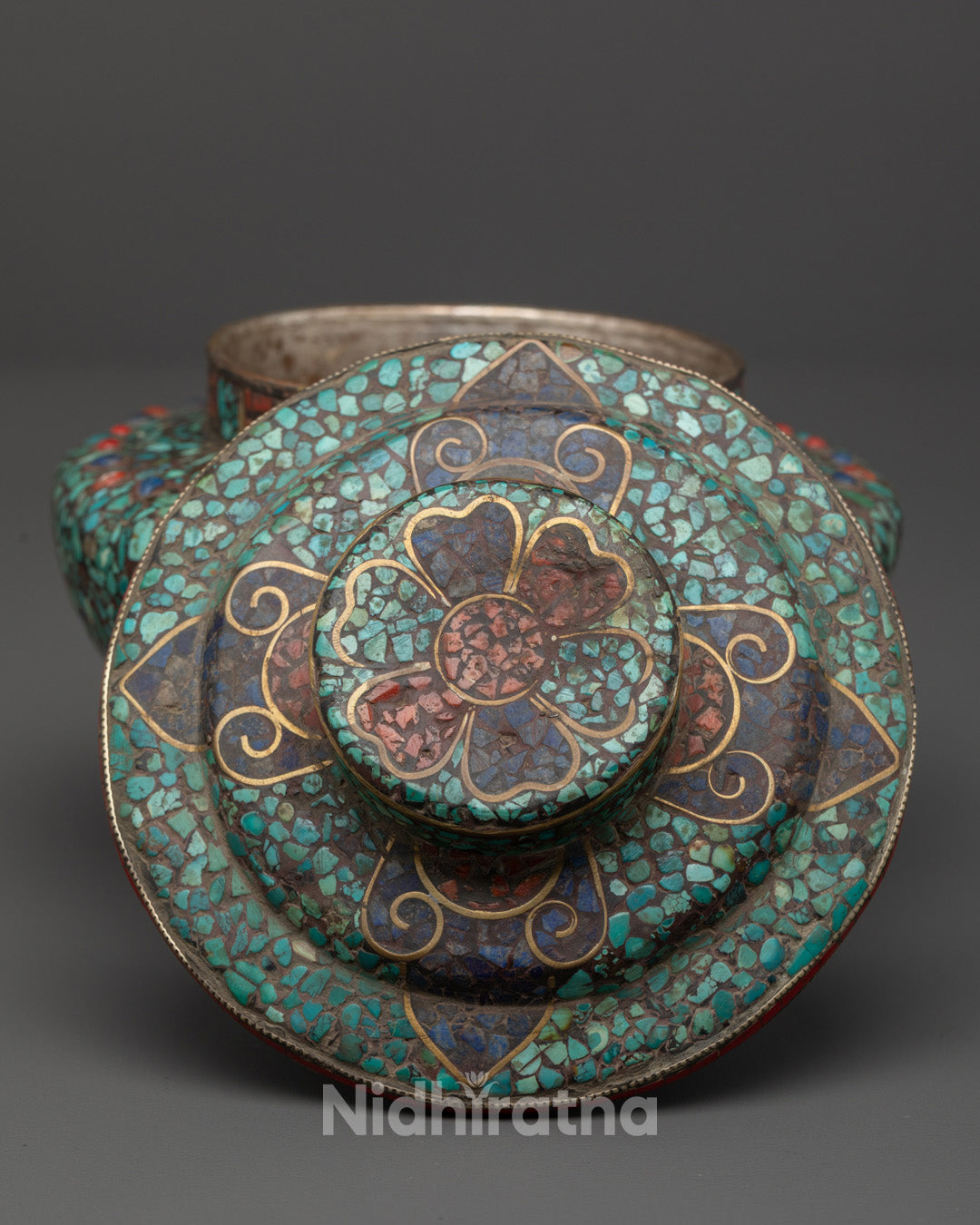 Tibetan Rice Pot Offering – Copper Ritual Vessel with Sacred Gemstones