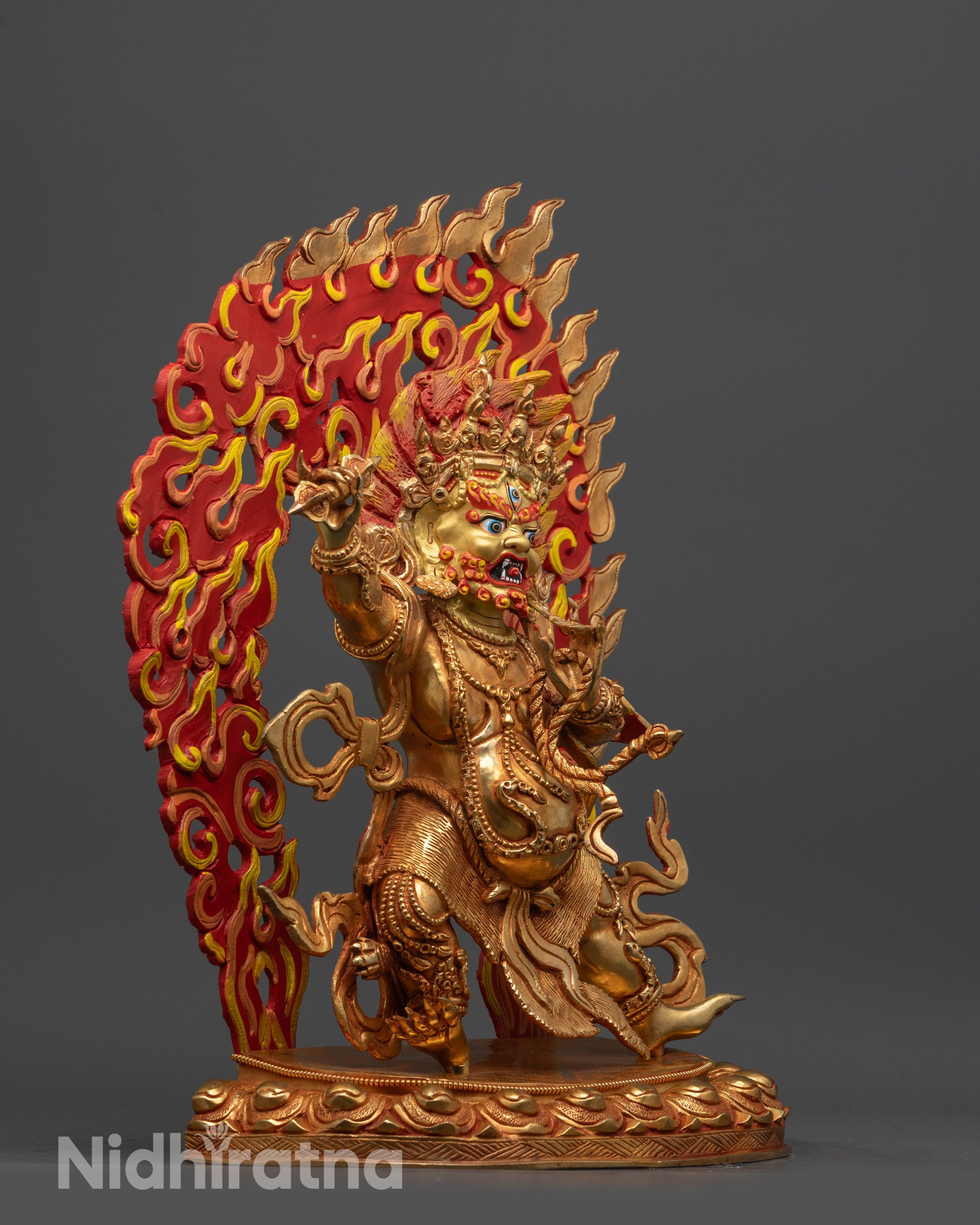 Tibetan Vajrapani Sculpture in dancing posture on lotus pedestal with blazing halo