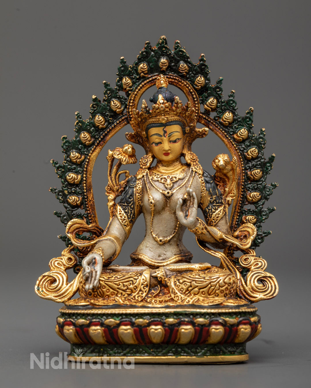Tibetan White Tara Goddess Statue with gold-plated face and electroplated gold-gilded body featuring intricate carvings and vibrant acrylic colors