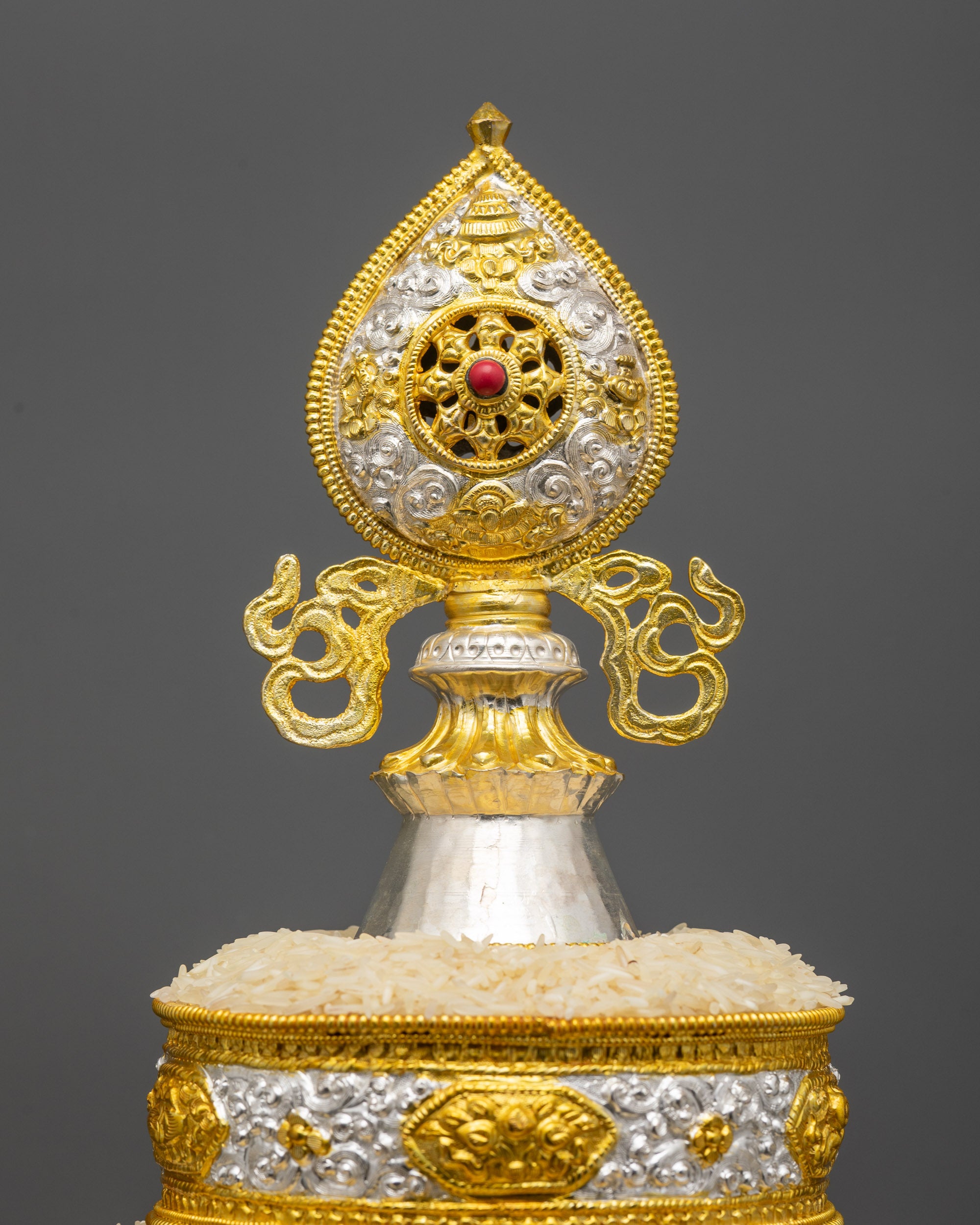 Top view of Tibetan Mandala set with gold-plated wisdom wheel and copper