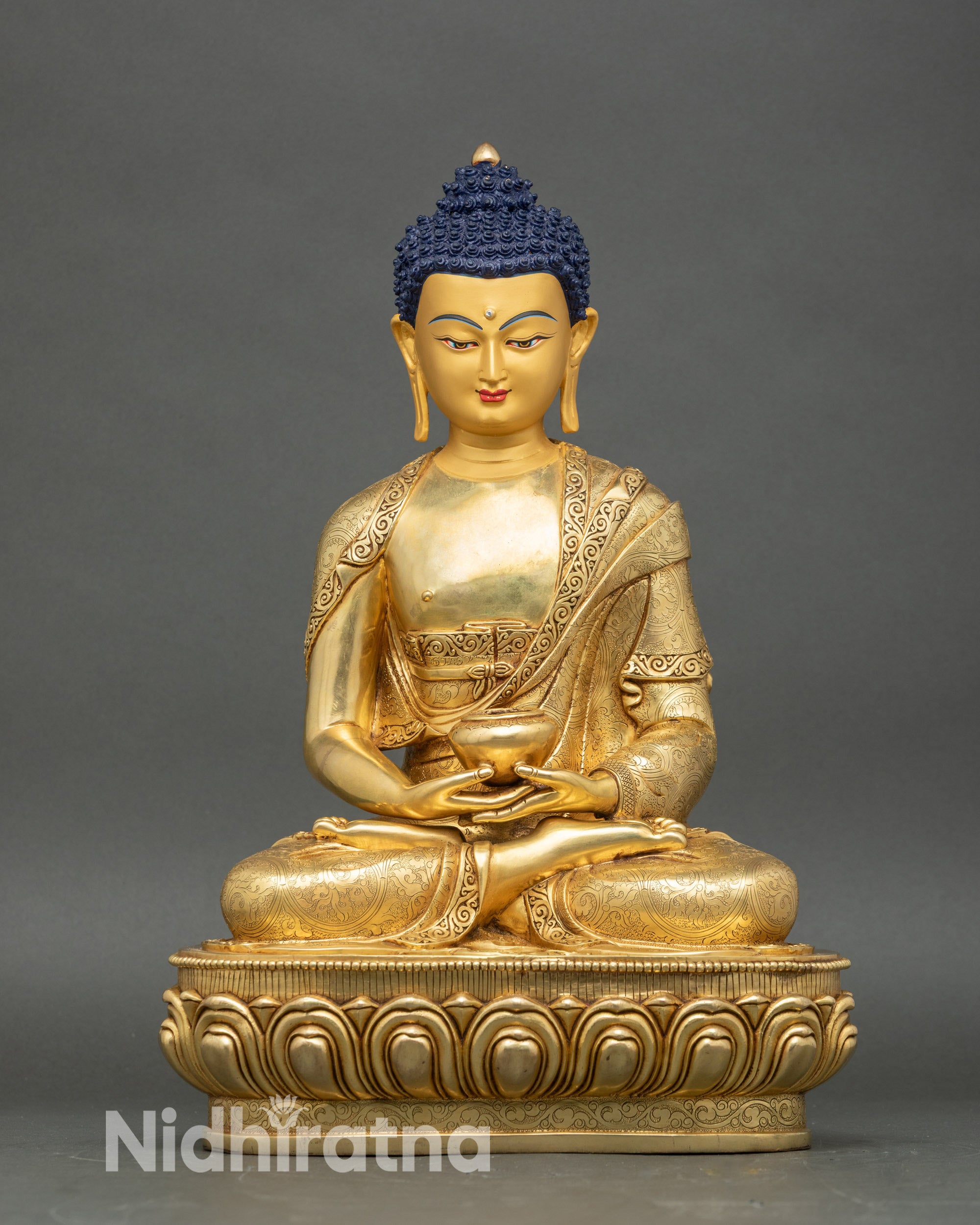 Traditional Amida Nyorai Buddha statue seated on lotus pedestal, handcrafted Nepalese art