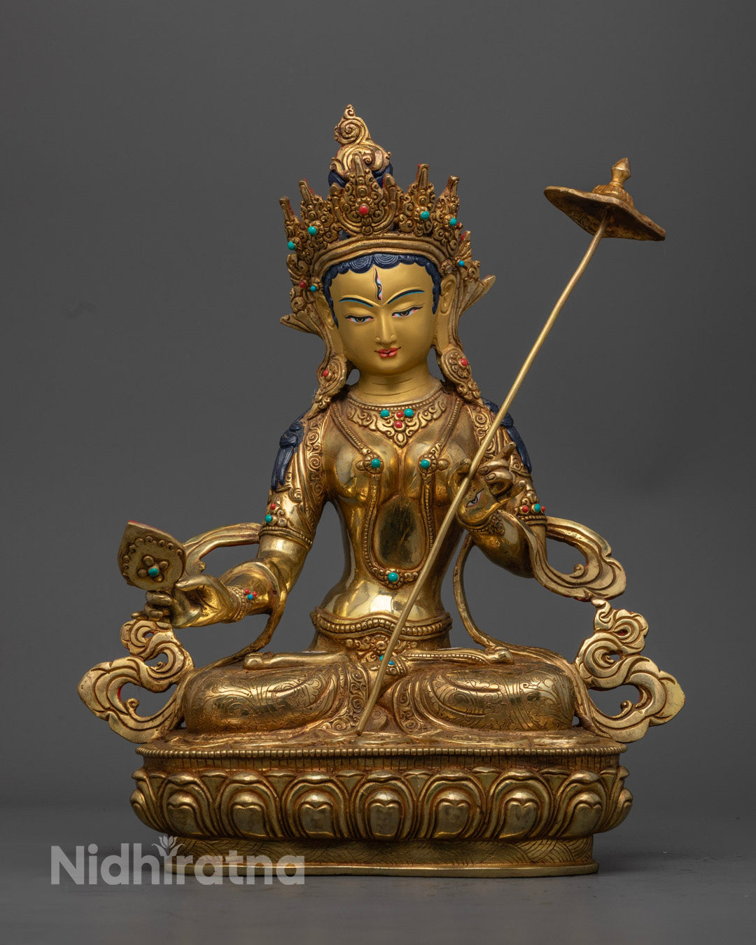 Traditional Dukar Statue with Gold-Gilded Face and Fire-Gilded Golden Copper Body