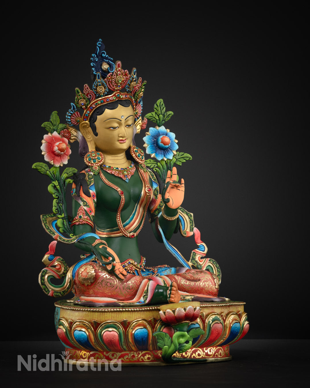 Traditional Green Tara statue from Nepal | showcasing intricate details, high-quality copper work, and colorful gemstone inlays.