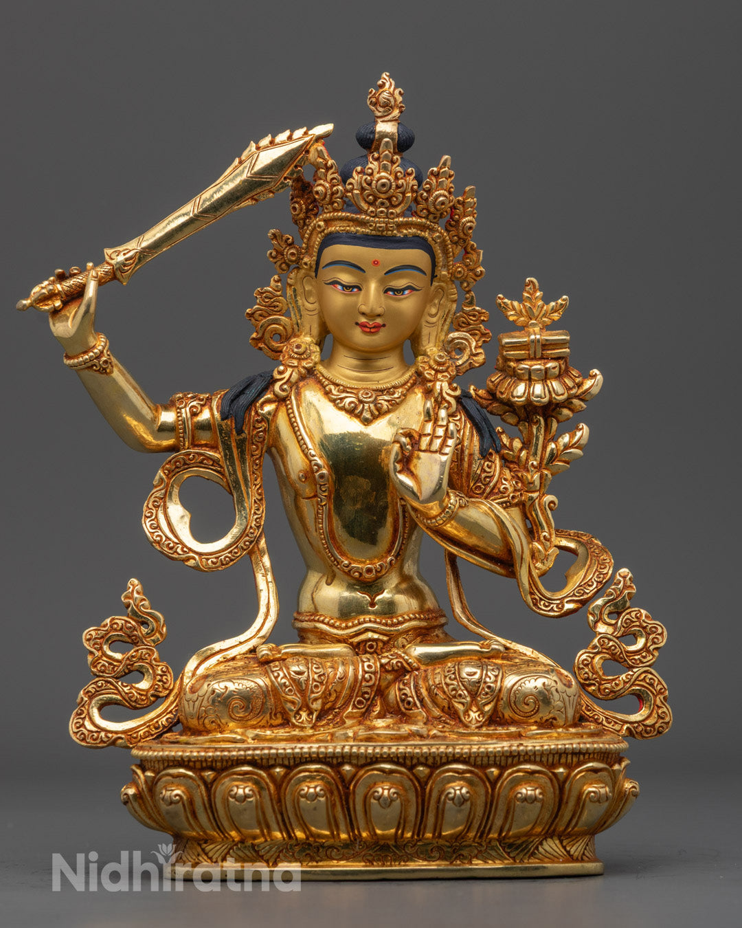Traditional Manjushri Statue | 24K Gold Gilded Copper Art