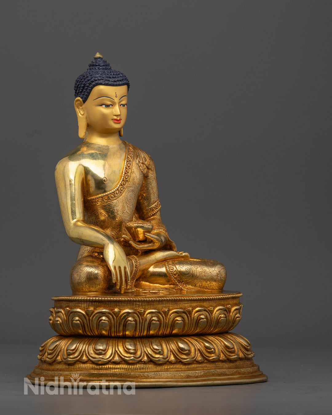 Traditional Nepalese Shakyamuni Buddha Sculpture in Meditation Pose with Intricate Robe and Lotus Base