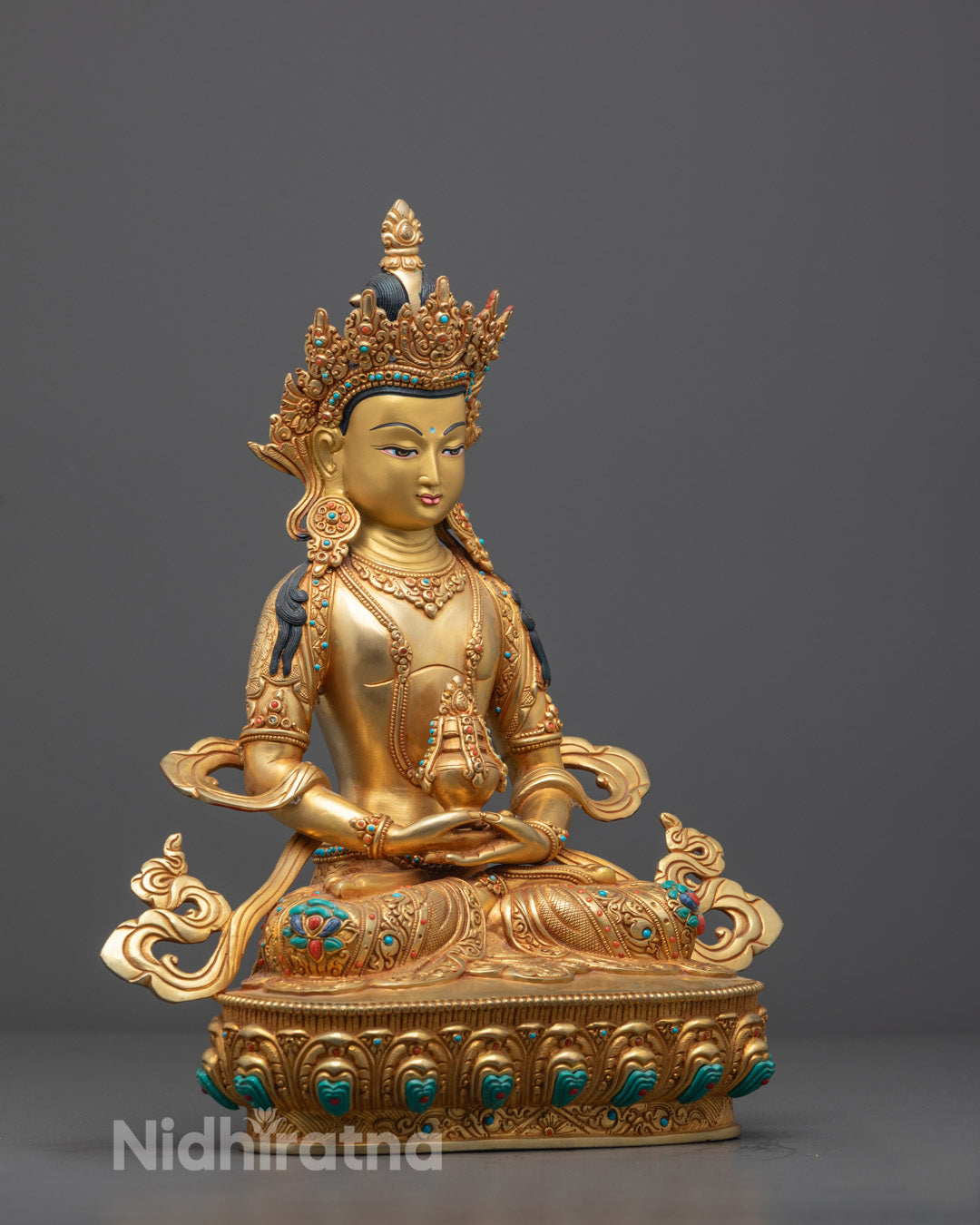 Traditional Nepali Amitayus sculpture made using the lost wax method, depicting Buddha of Infinite Life