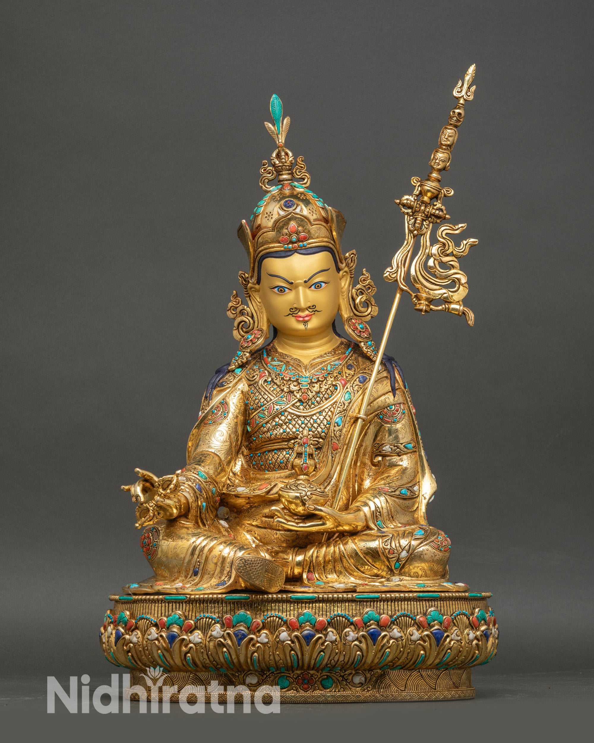 Traditional Padmasambhava statue front view, copper with gold fire-gilding and semi-precious stones