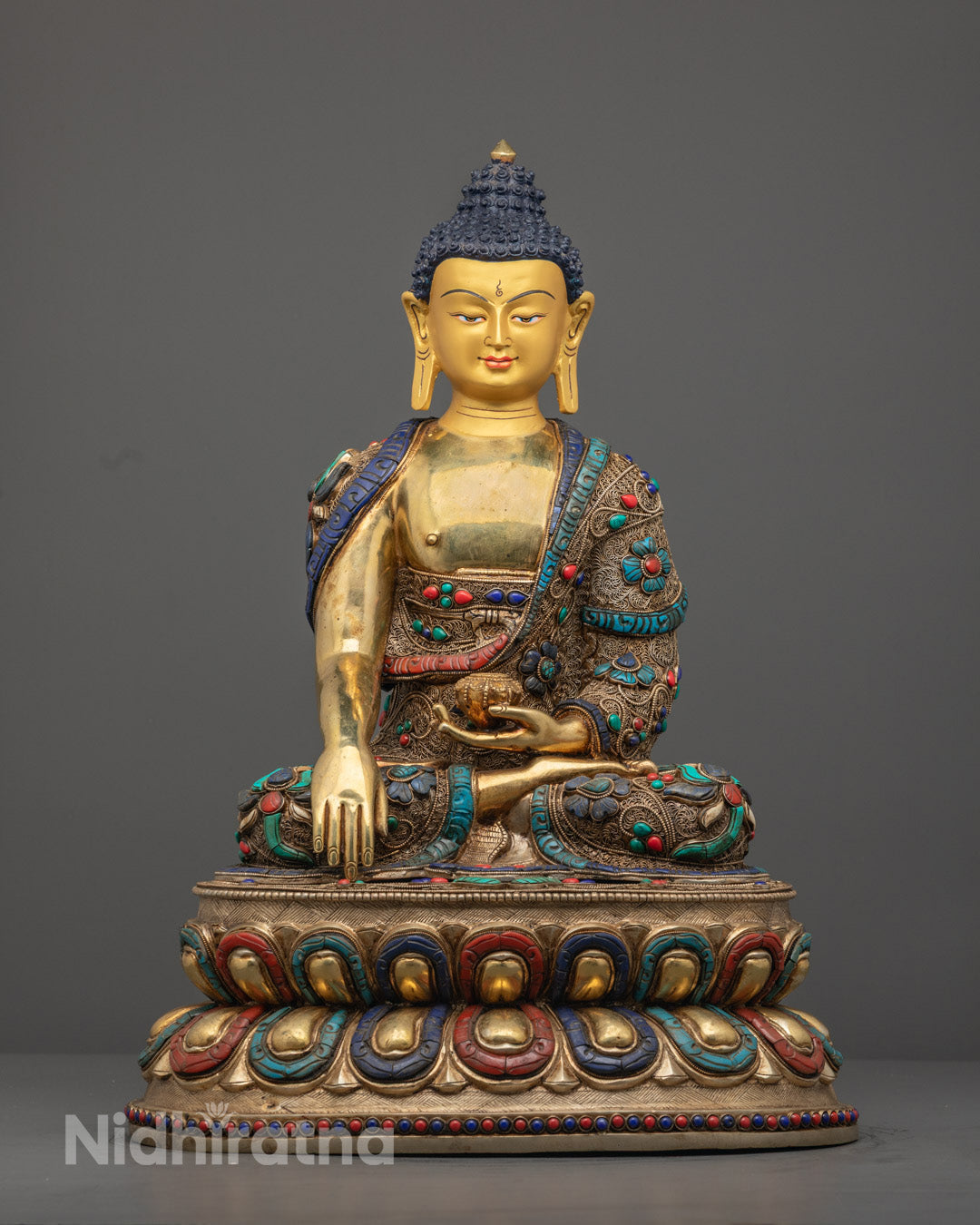 Traditional Shakyamuni Buddha Statue with 24k gold fire-gilded body, gold-gilded face, and semi-precious stone inlay