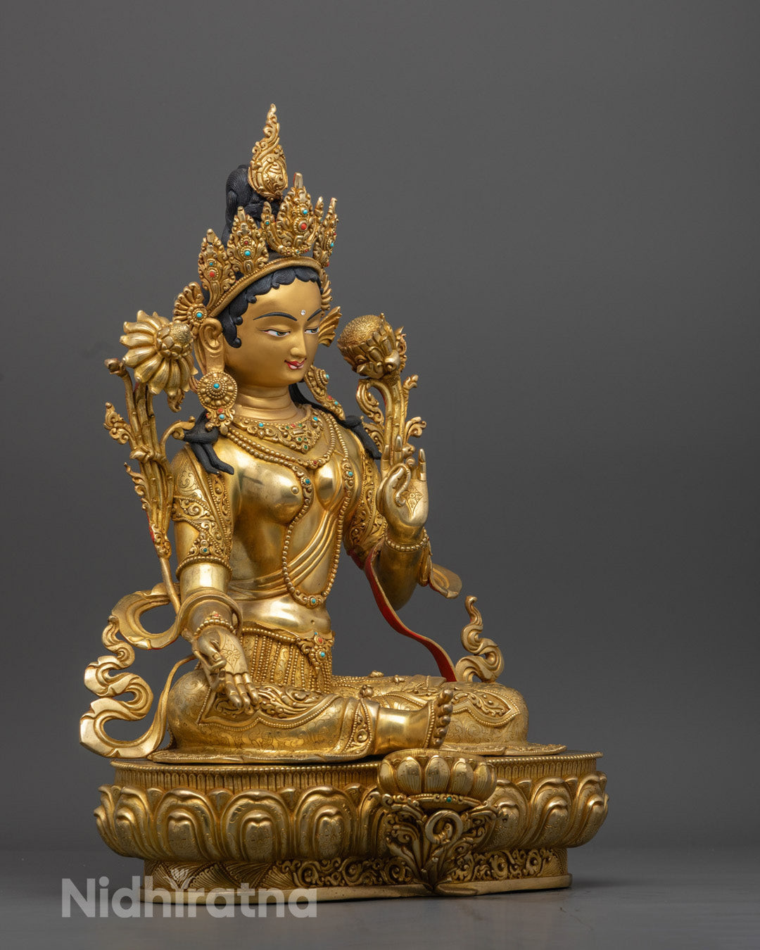 Traditionally Green Tara Statue | Hand-Carved Sacred Artwork of Nepal