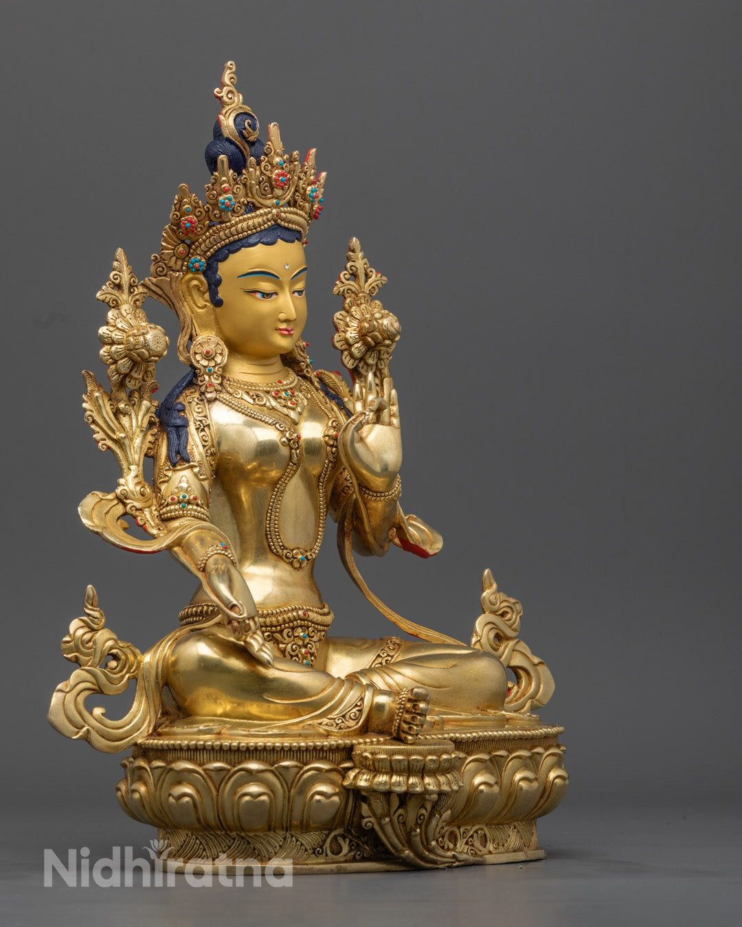 Traditionally Hand-Carved Green Tara Statue – 24k Gold-Plated Buddhist Sculpture for Collectors