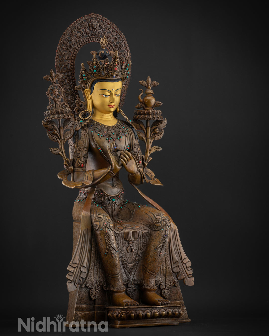 Traditionally Hand-Carved Sacred Oxidized Maitreya Buddha Statue