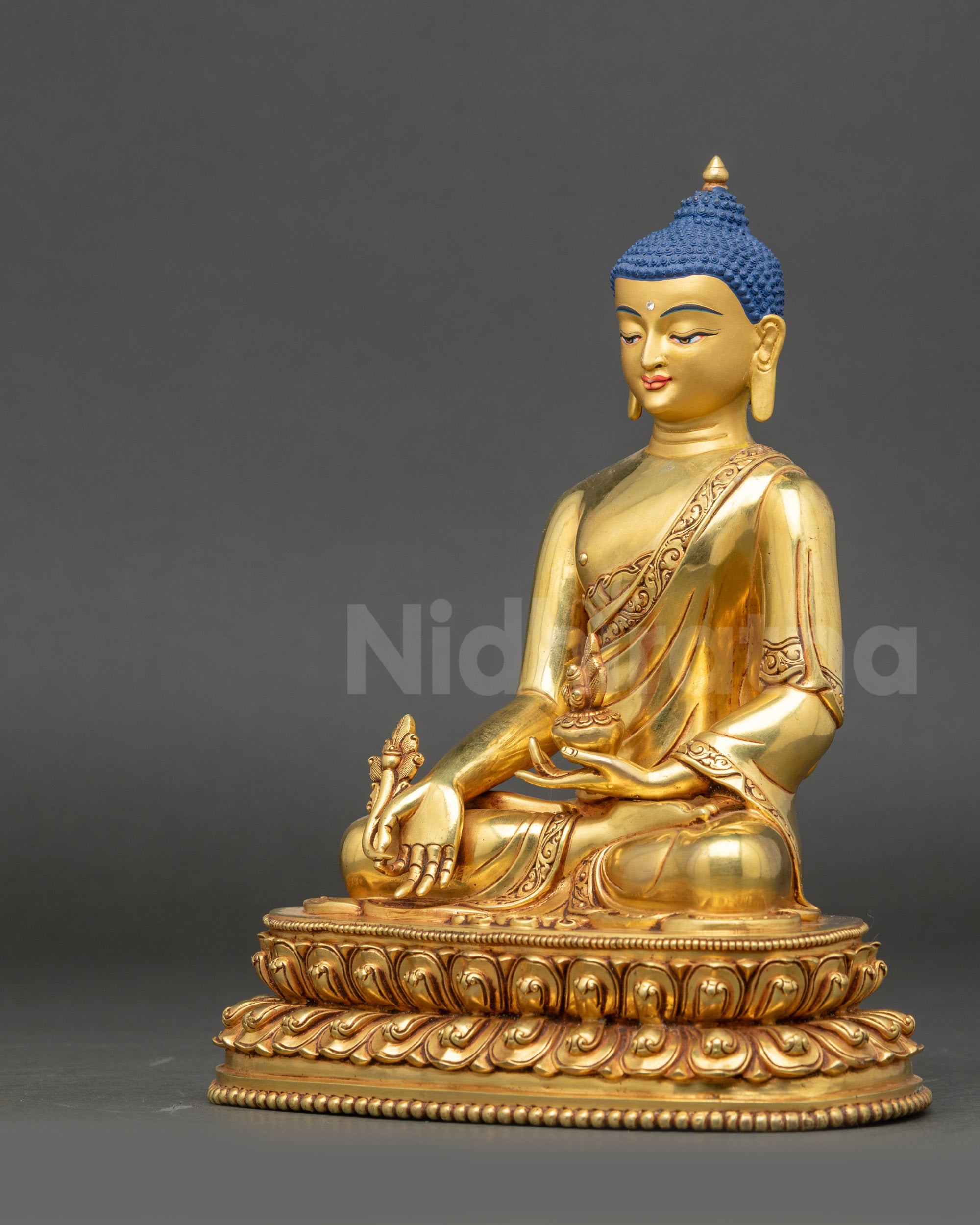 Nepalese Healing Buddha statue with intricate 3D carvings, gilded and handcrafted