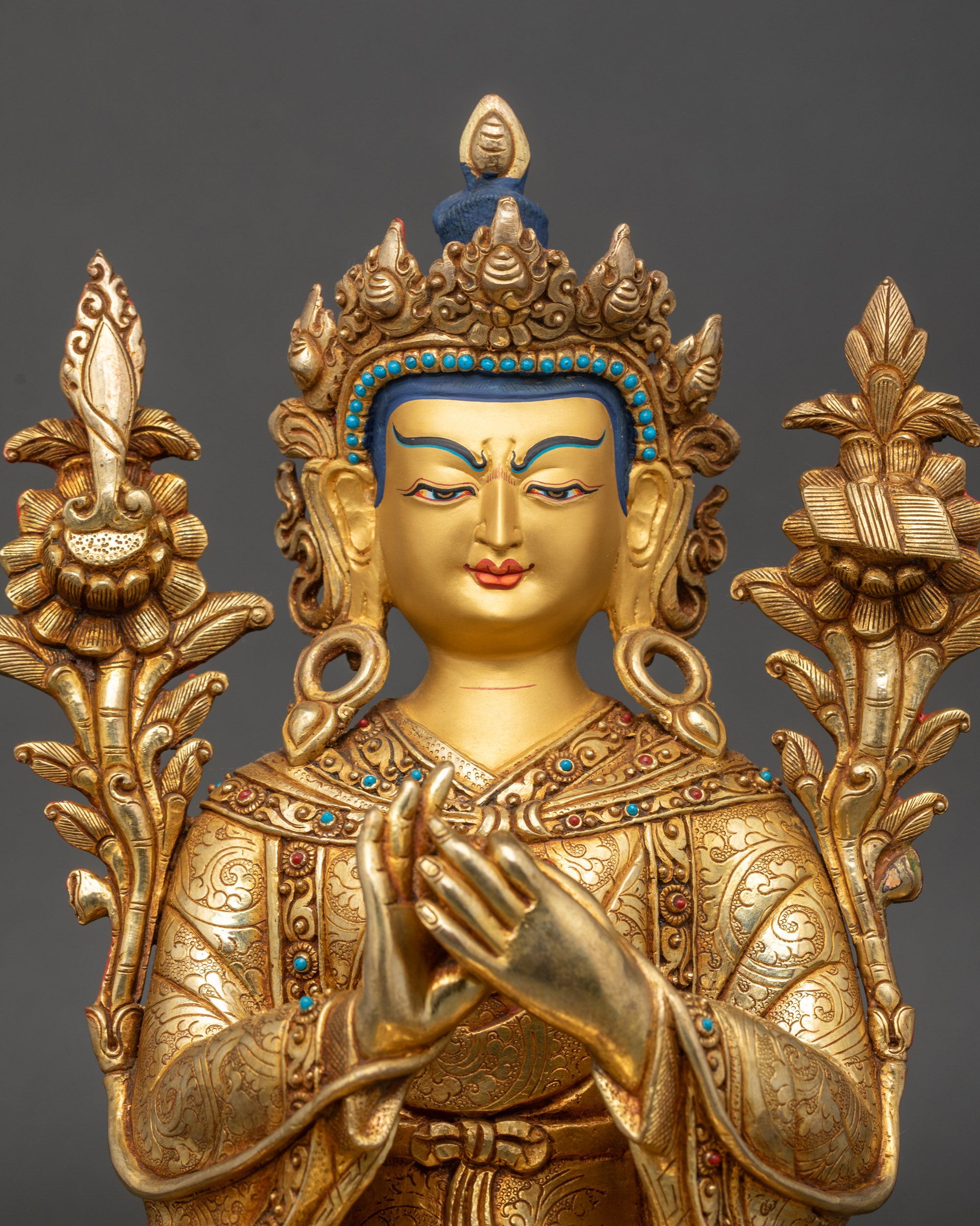 Trisong Detsen statue close up intricate gold fire-gilded details