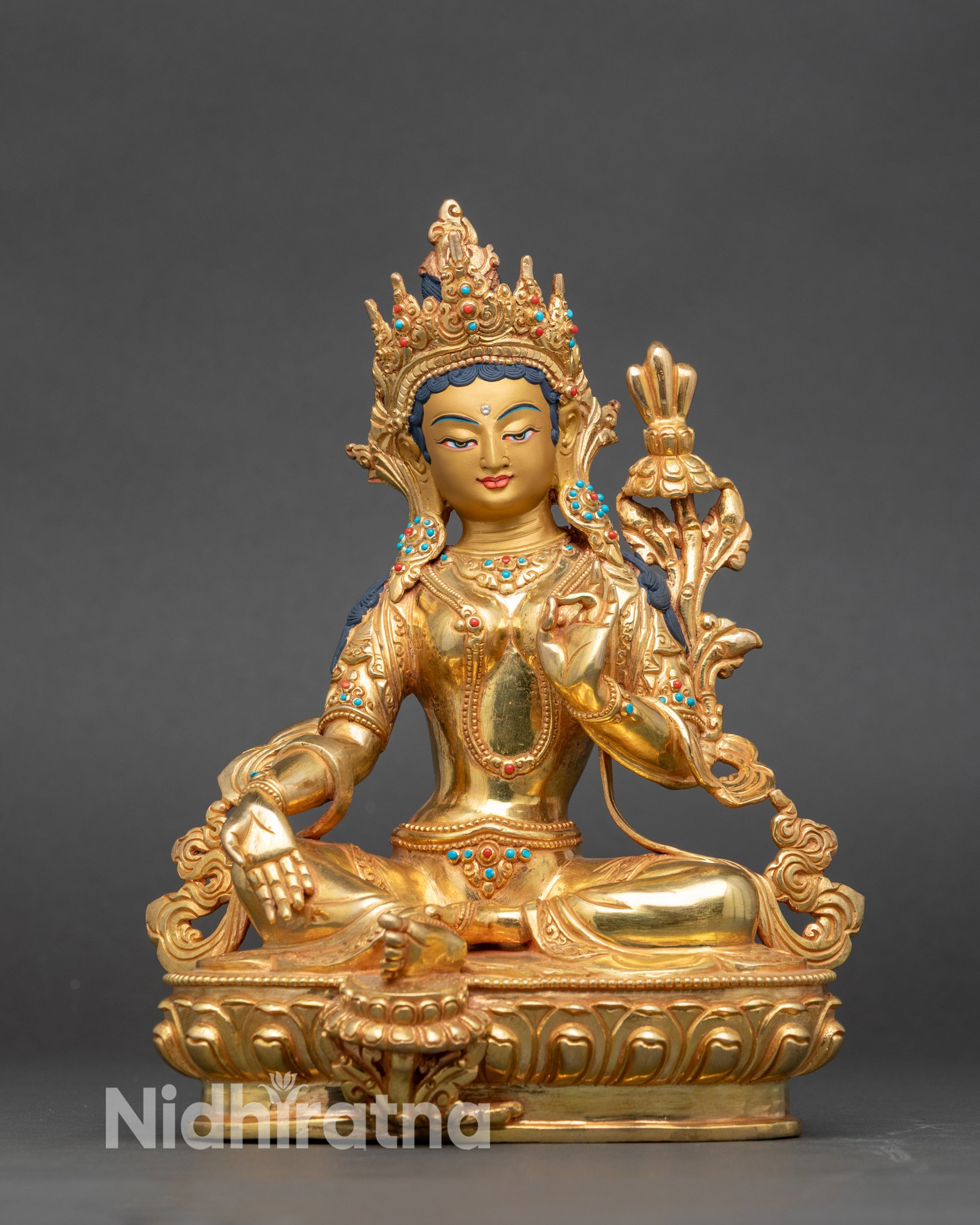 Tronyer Chenmo left view side, wrathful expression with fine copper and gold detail