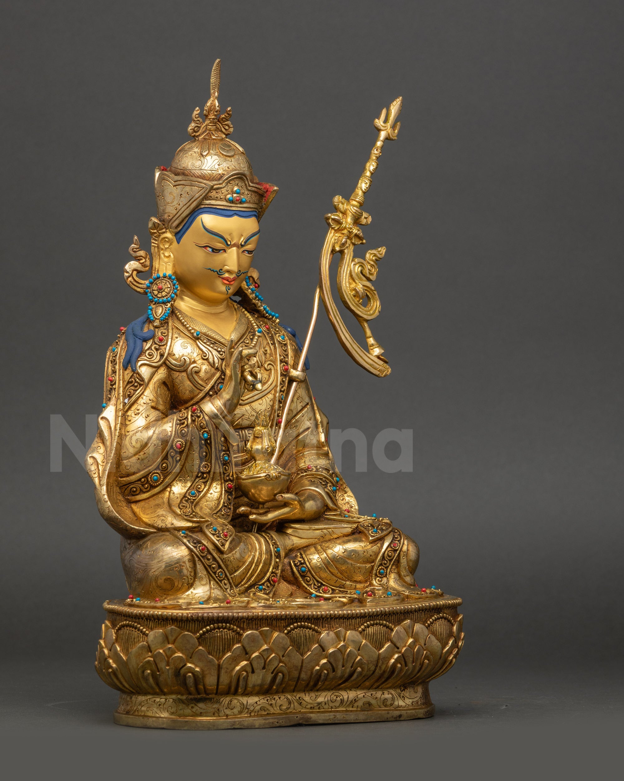 Tsokye Dorje Statue close up gold-gilded semi-wrathful face Nepal