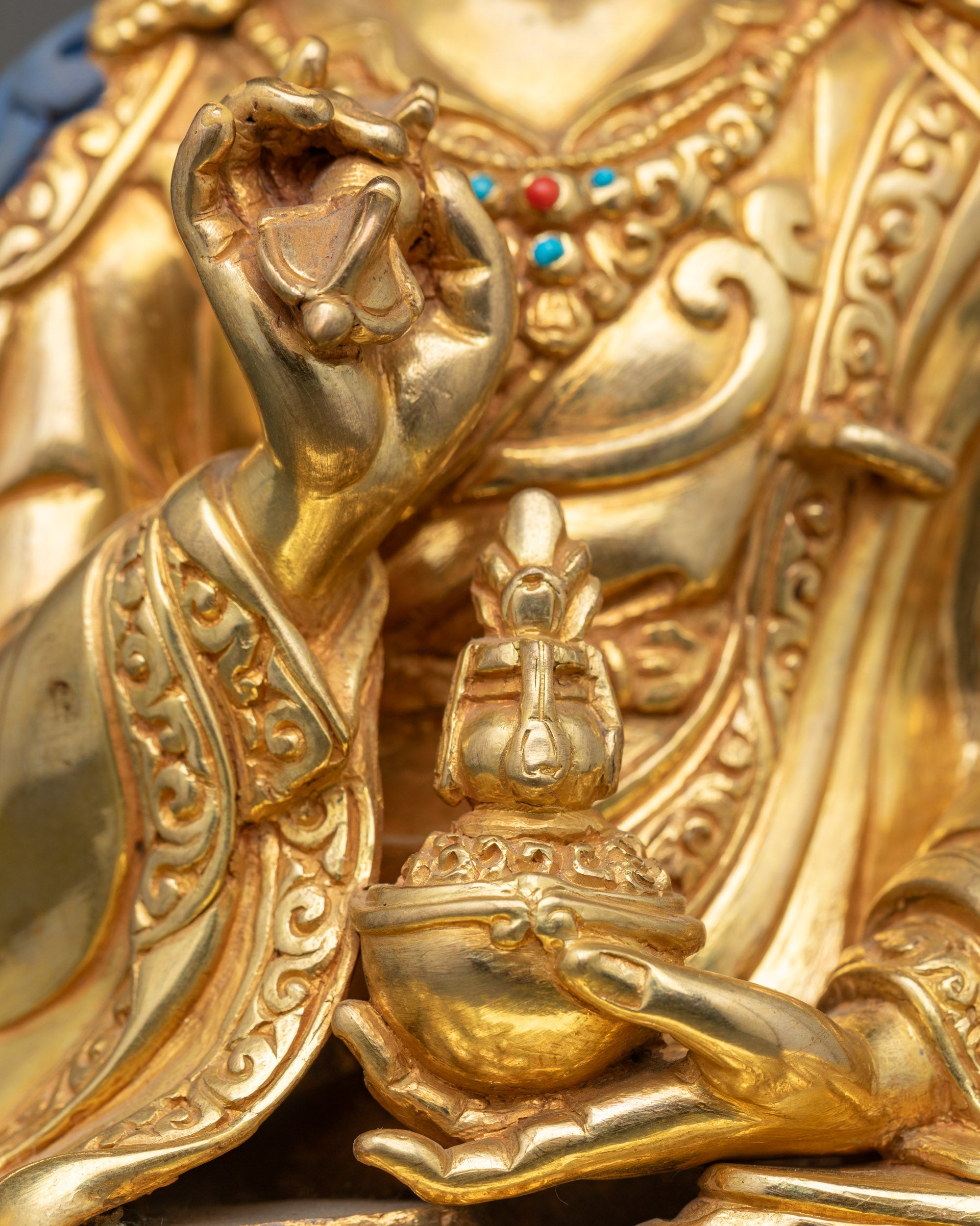 Tsokye Dorje statue on lotus throne holding vajra and skull cup, Nepalese Buddhist art
