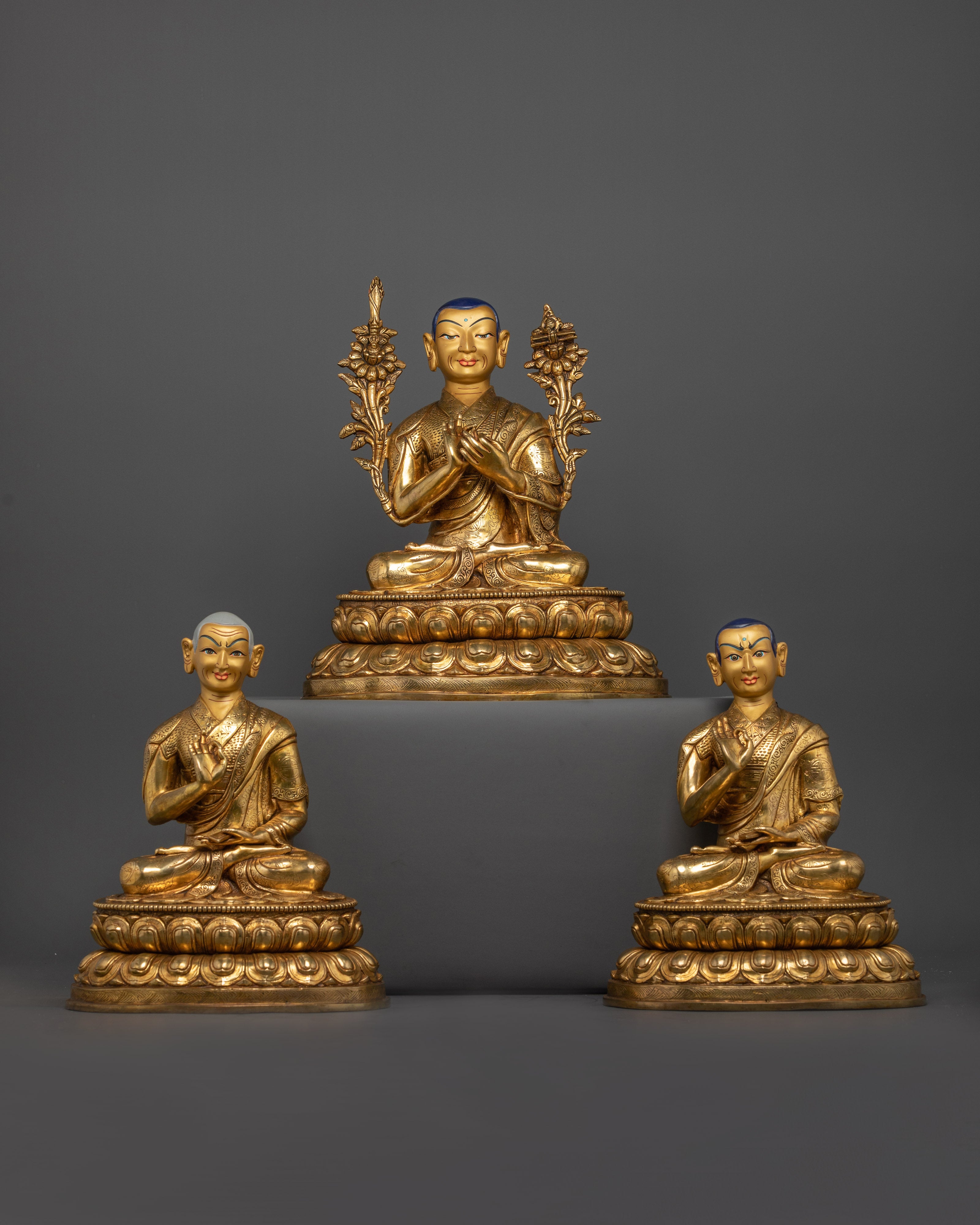 Tsongkhapa Triad statue with Gyaltsab Je and Khedrup Je, handcrafted Nepalese Buddhist altar sculpture