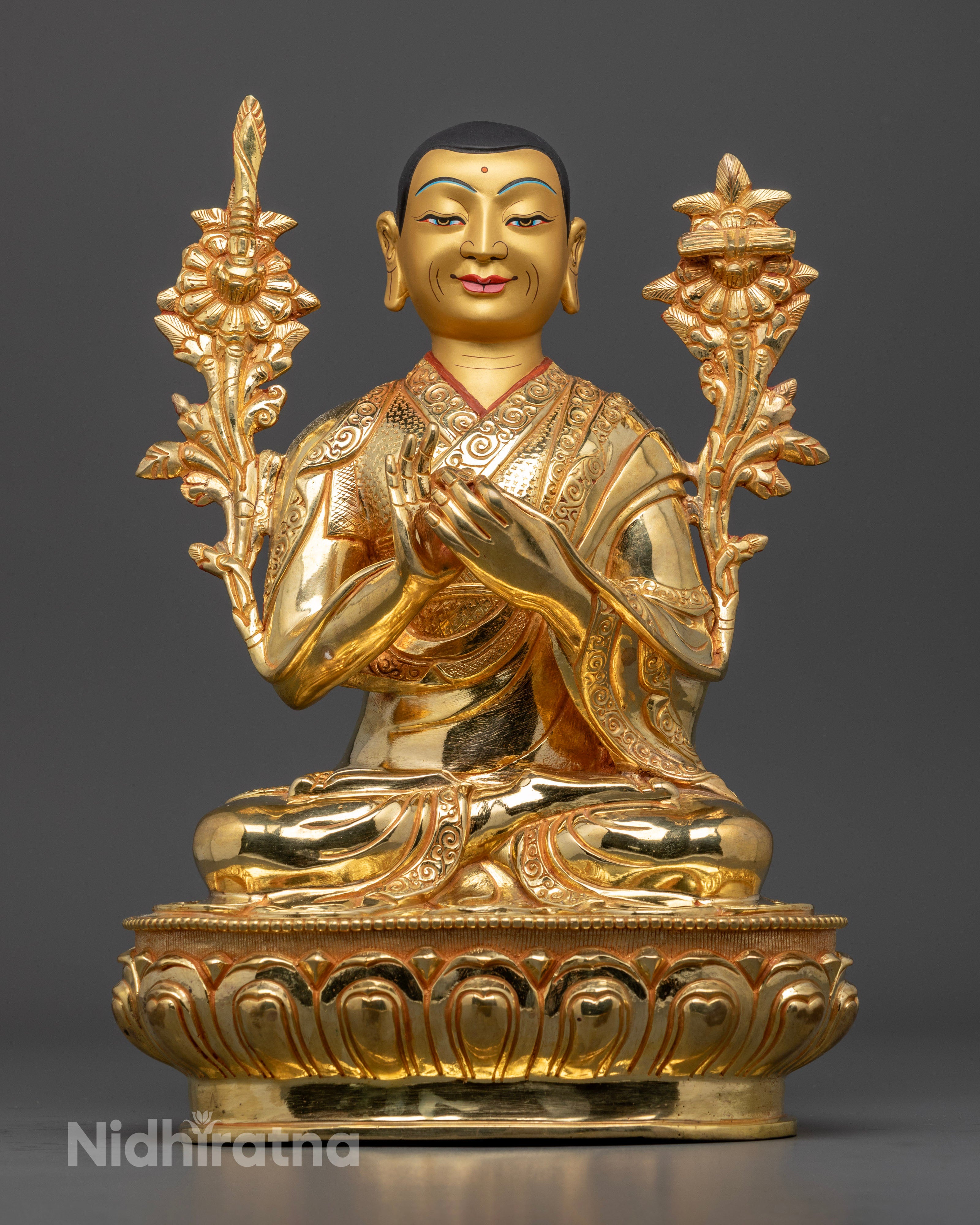 Tsongkhapa’s serene expression, radiant halo, and intricate details, highlighting the sword of wisdom and lotus stem, symbolizing clarity, wisdom, and profound understanding of Buddhist teachings.