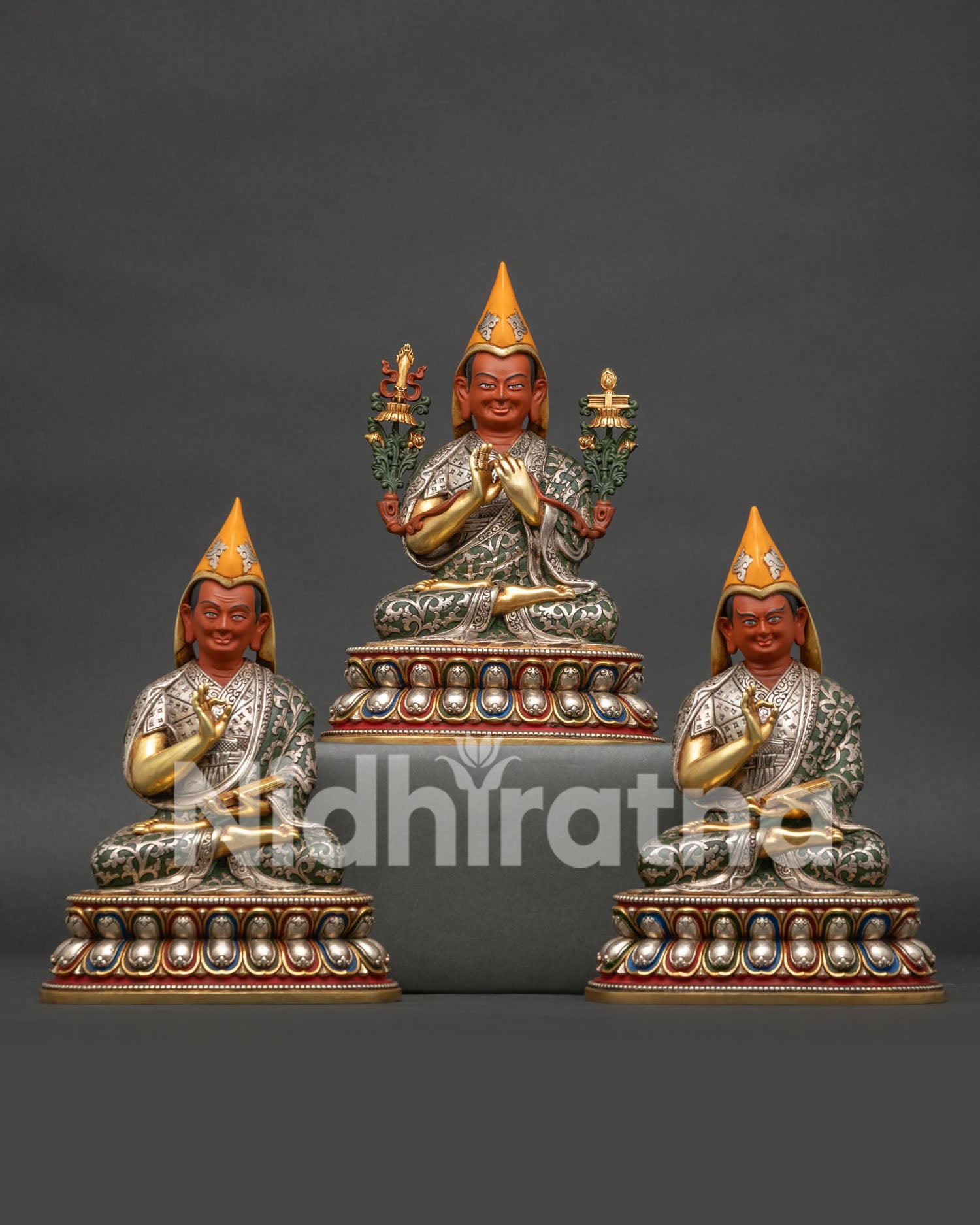 Tsongkhapa with Disciples statue set handcrafted in Nepal with silver-plated robes and gold-gilded lotus throne