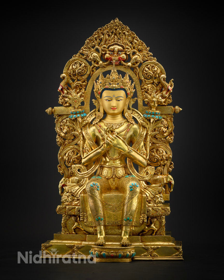 Maitreya Buddha statue placed in an indoor spiritual setting, reflecting divine elegance and traditional craftsmanship.