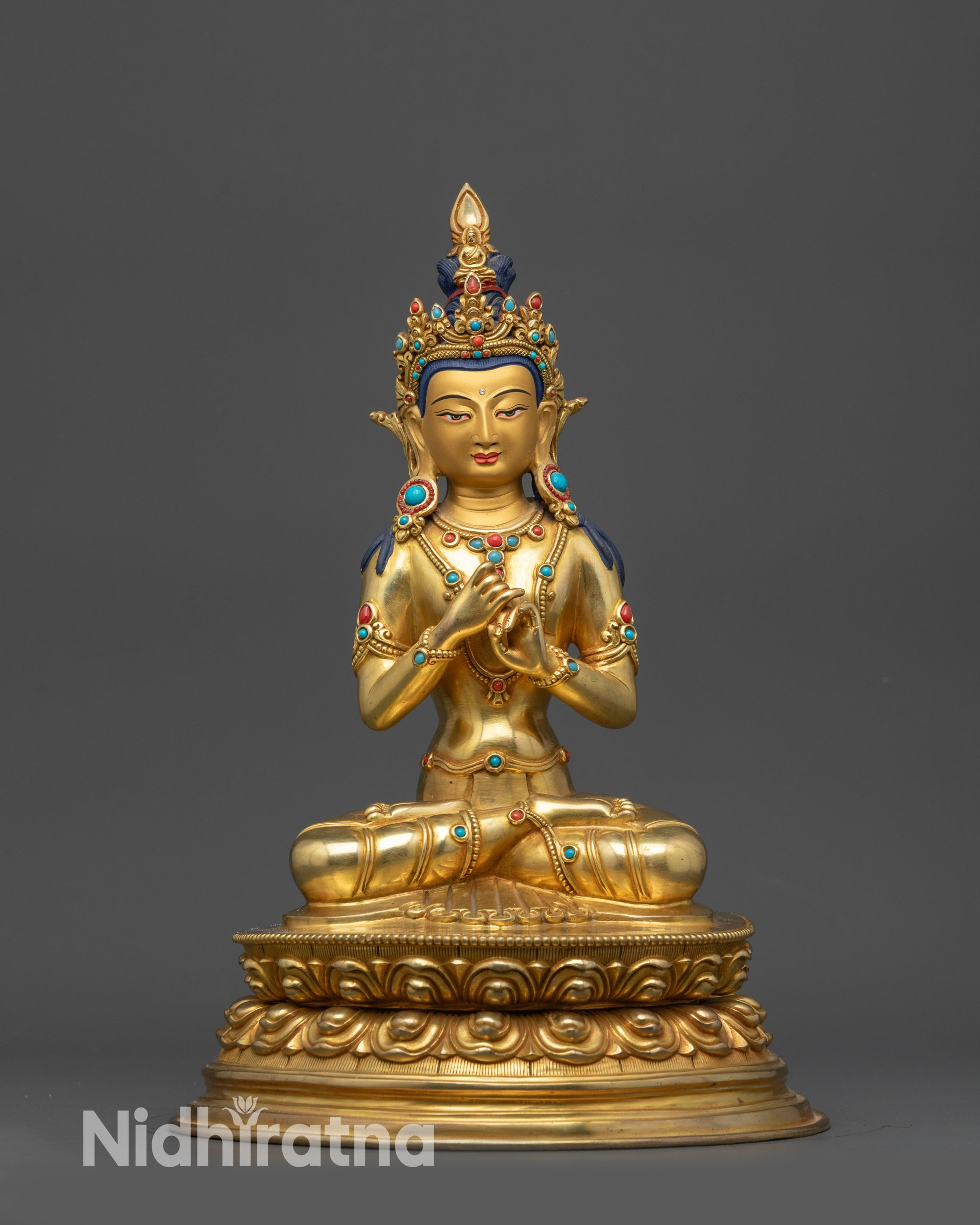 Vairochana Statue front view with gold-gilded face and double-layered lotus pedestal