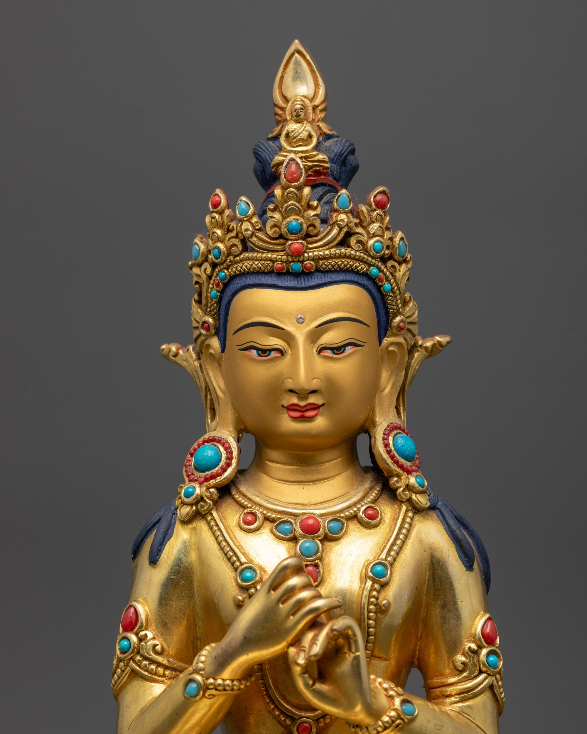 Vairochana Statue regular close up showing crown, earrings and semi-precious stones