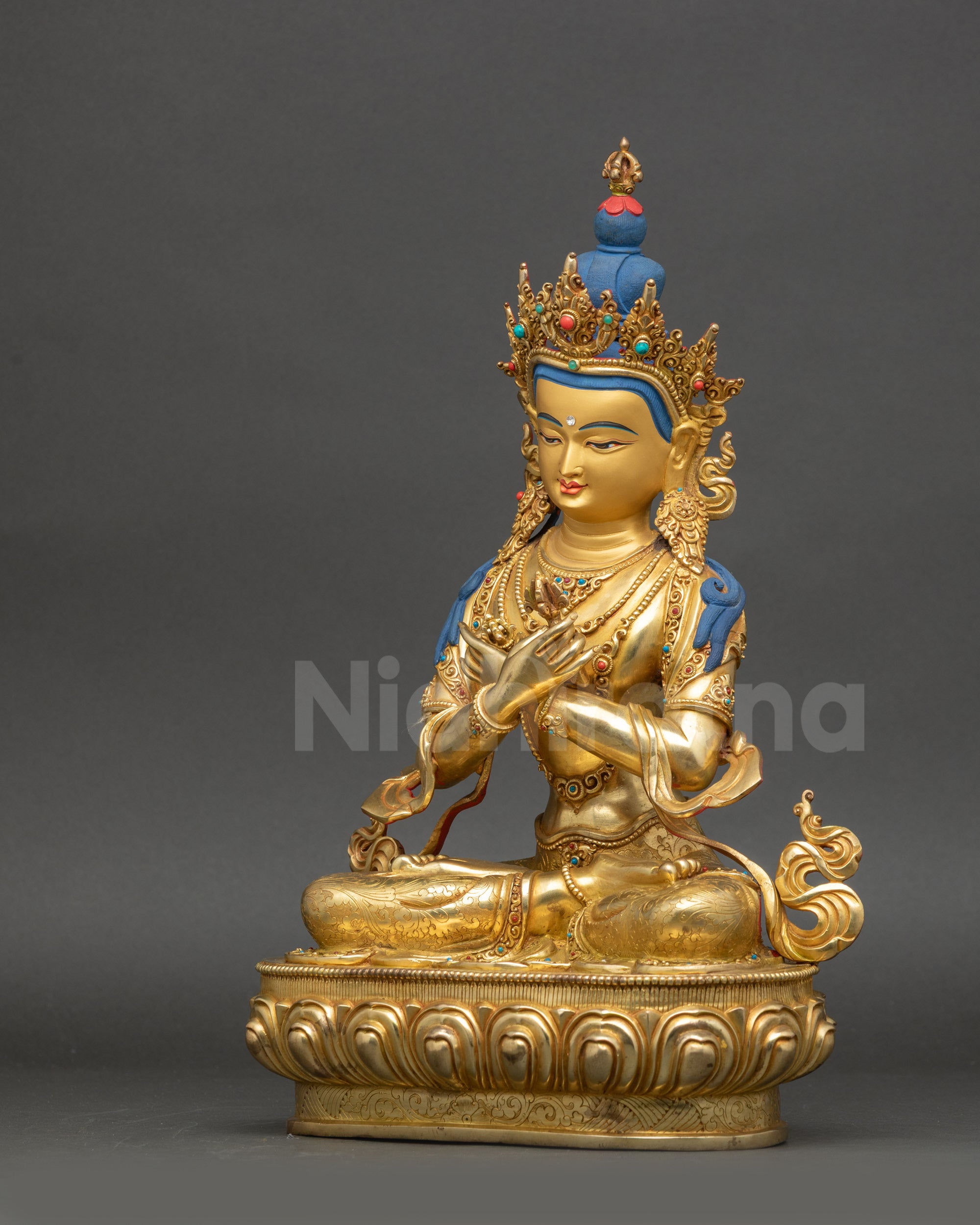 Vajradhara Buddha Statue left side view showing intricate lotus carvings