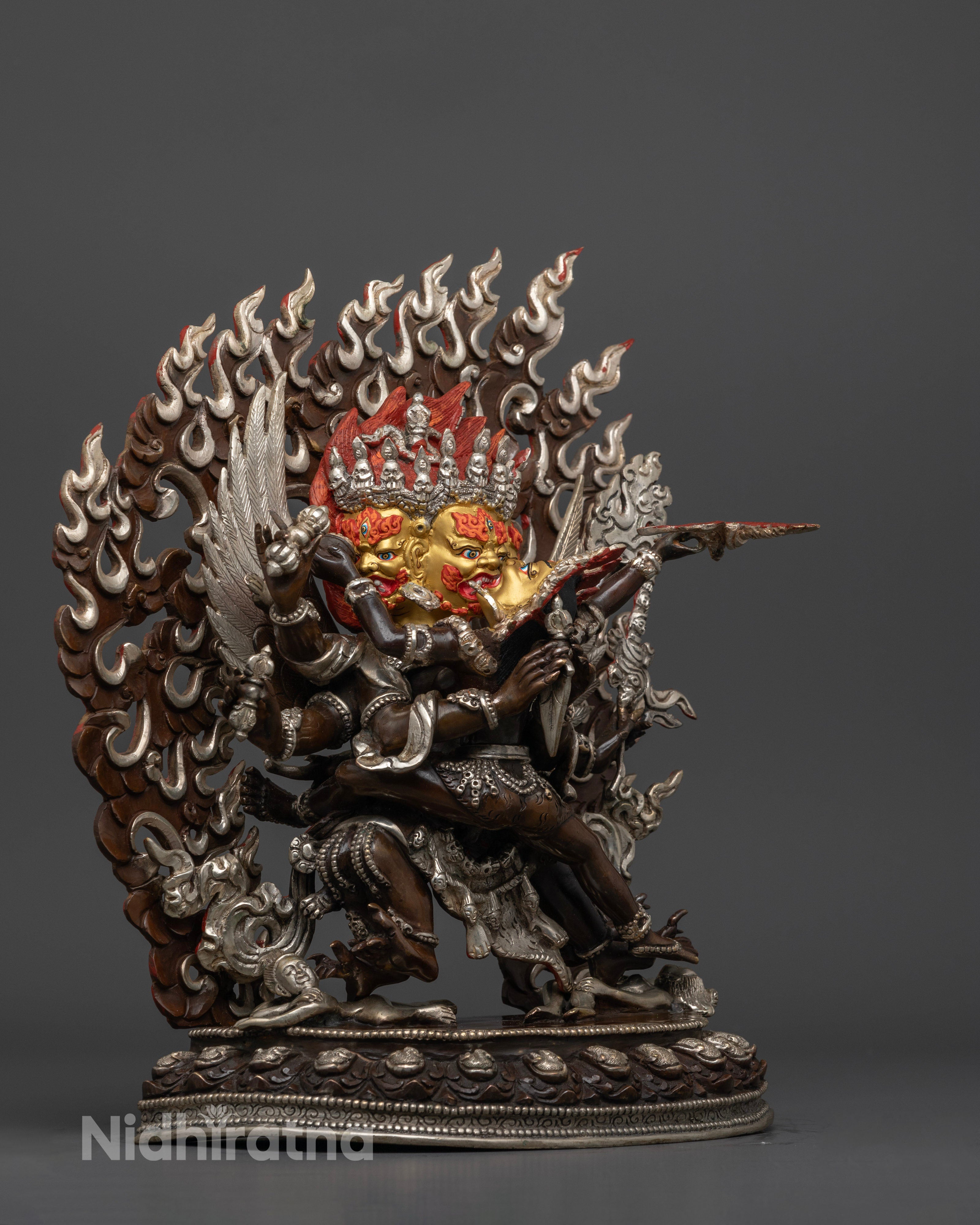 Vajrakilaya statue, showcasing the detailed tiger skin draped around the lower body, the lotus base, and the vibrant textures symbolizing courage and spiritual awakening.