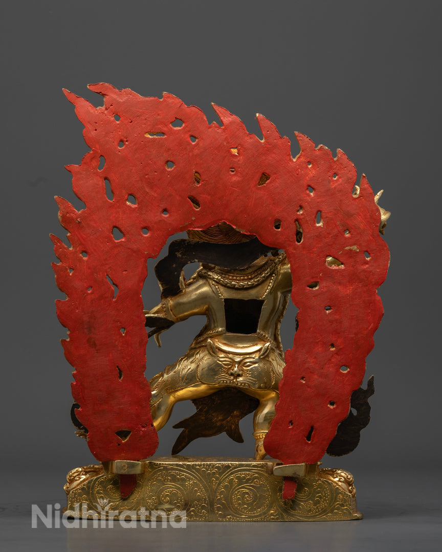back profile of gold plated Vajrapani statue whera the halo is painted red
flaming aura of vajrapani statue | Intricate Vajrapani statue