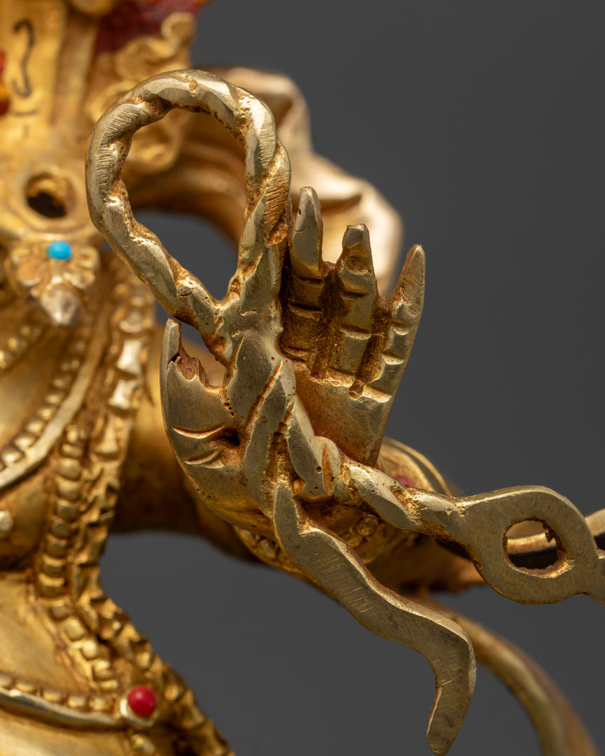 the lefthand of gold plated vajrapani statue holding noose |Vajrapani deity figurine | Symbolic Vajrapani statue