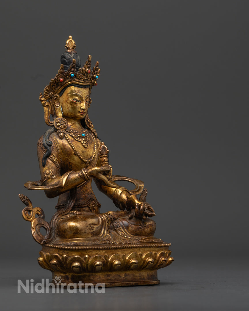 24k gold gilded Vajrasattva statue with turquoise and coral inlays, symbolizing purification, wisdom, and enlightenment.