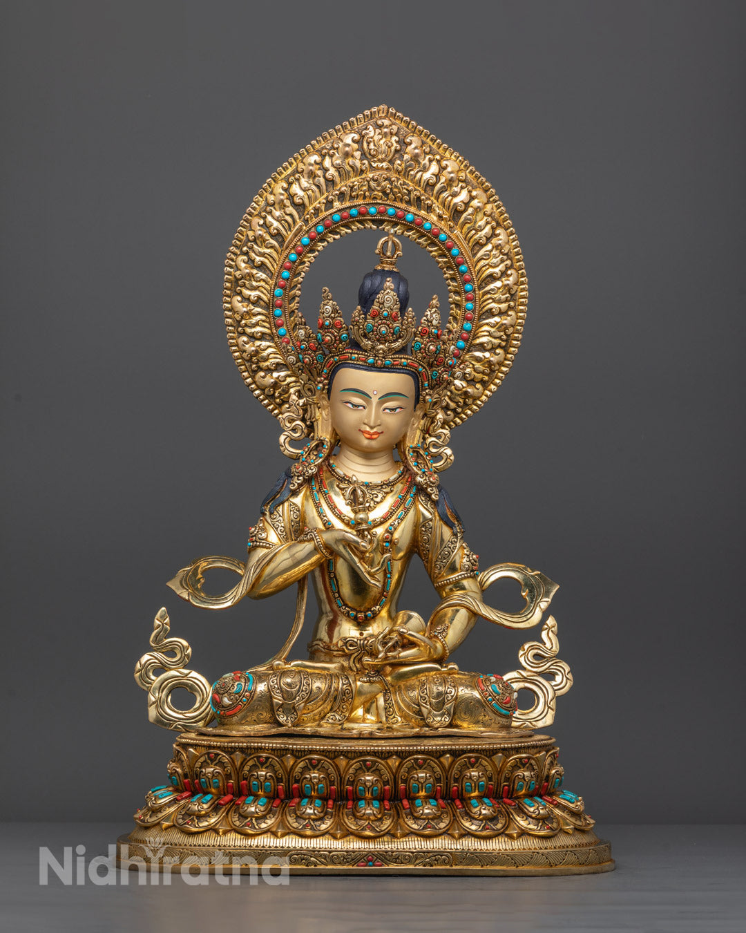 Front view of Vajra Hero Dorje Sempa Statue with gold-gilded face and lotus throne