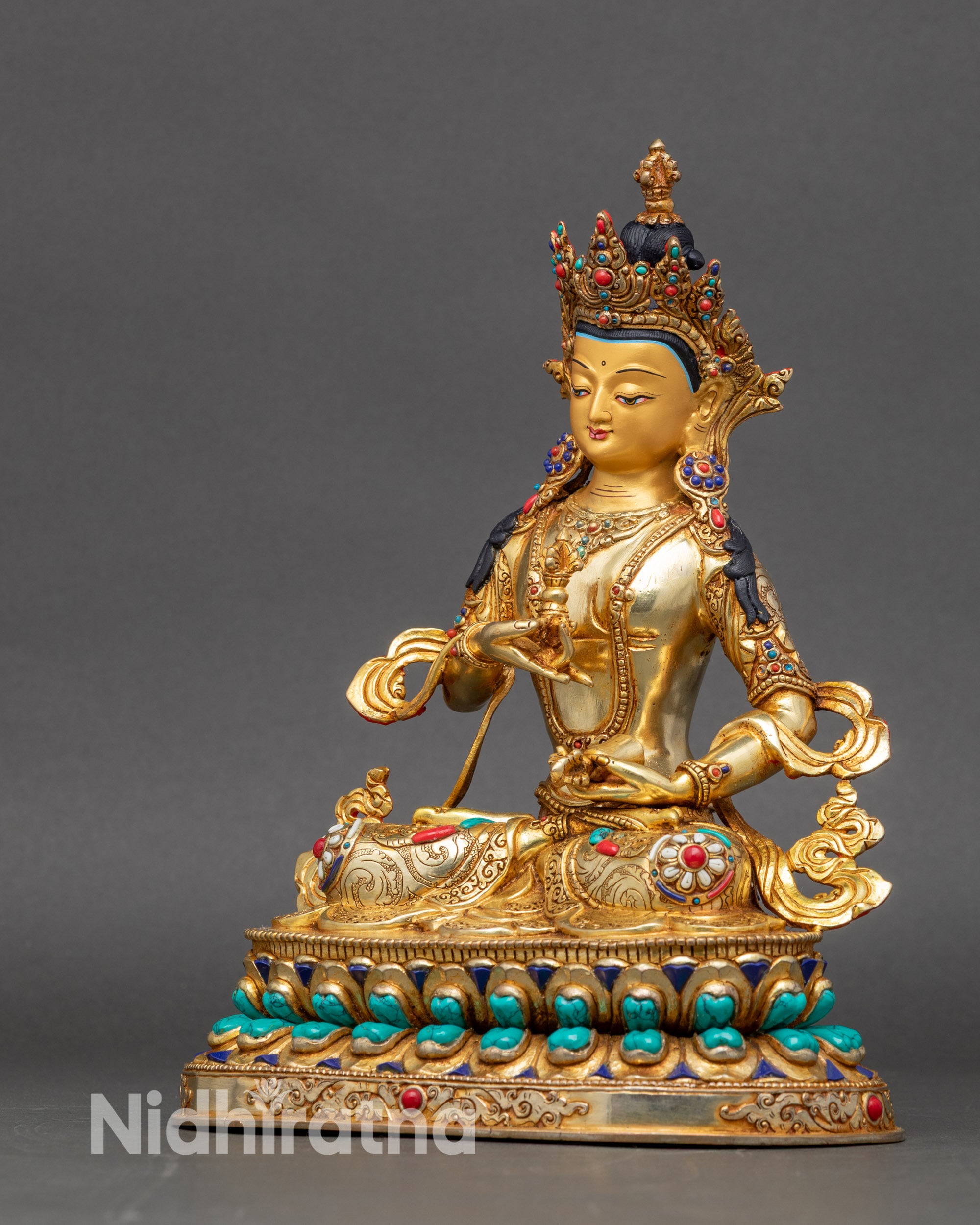 Vajrasattva Buddhist Figurine Left Side View β Ghanta Bell Detail,
Celestial Robe Carvings and Sacred Jewelry | Newari Handcrafted Statue