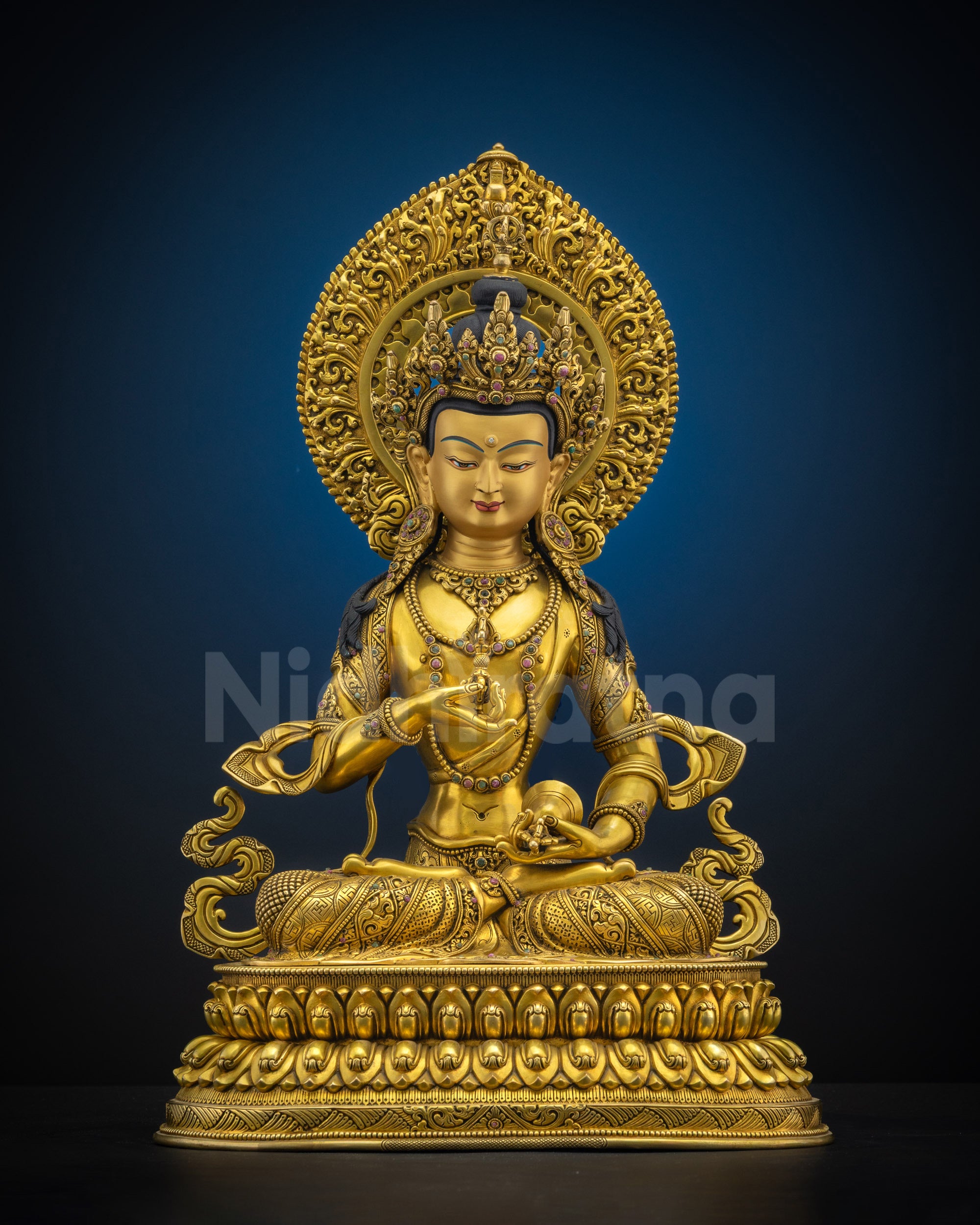 Handmade Authentic Vajrasattva Dorje Sempa statue with 24K gold face, triple gold fire-gilded copper, crafted in Nepal