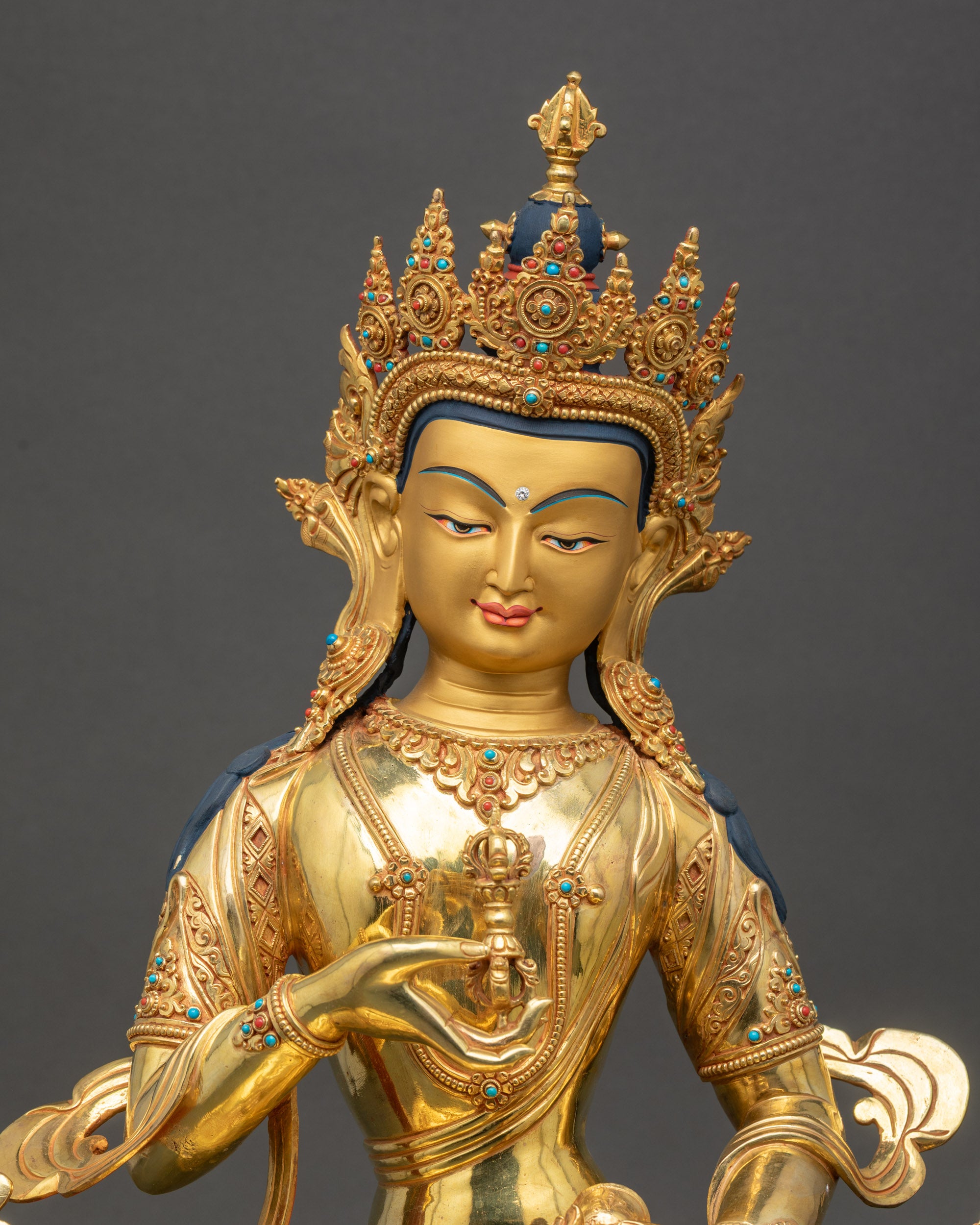 Vajrasattva Dorsem Statue close up handcrafted Nepalese gold-gilded copper figure